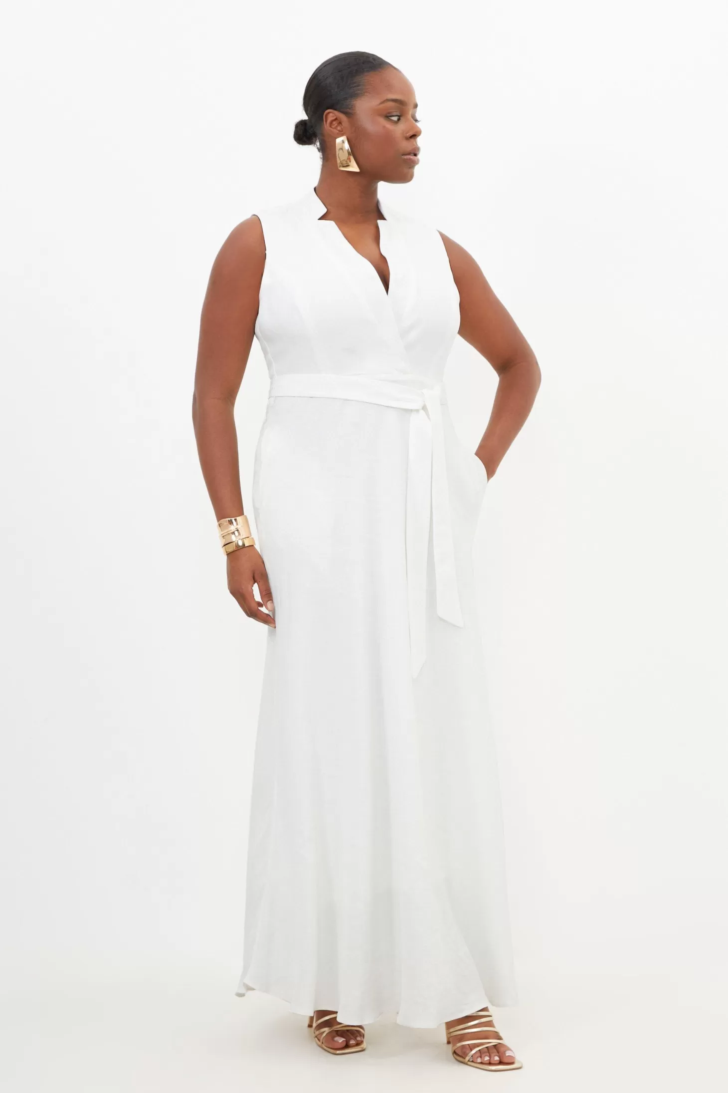 Karen Millen Plus Size Premium Tailored Linen Notch Neck Belted Dress