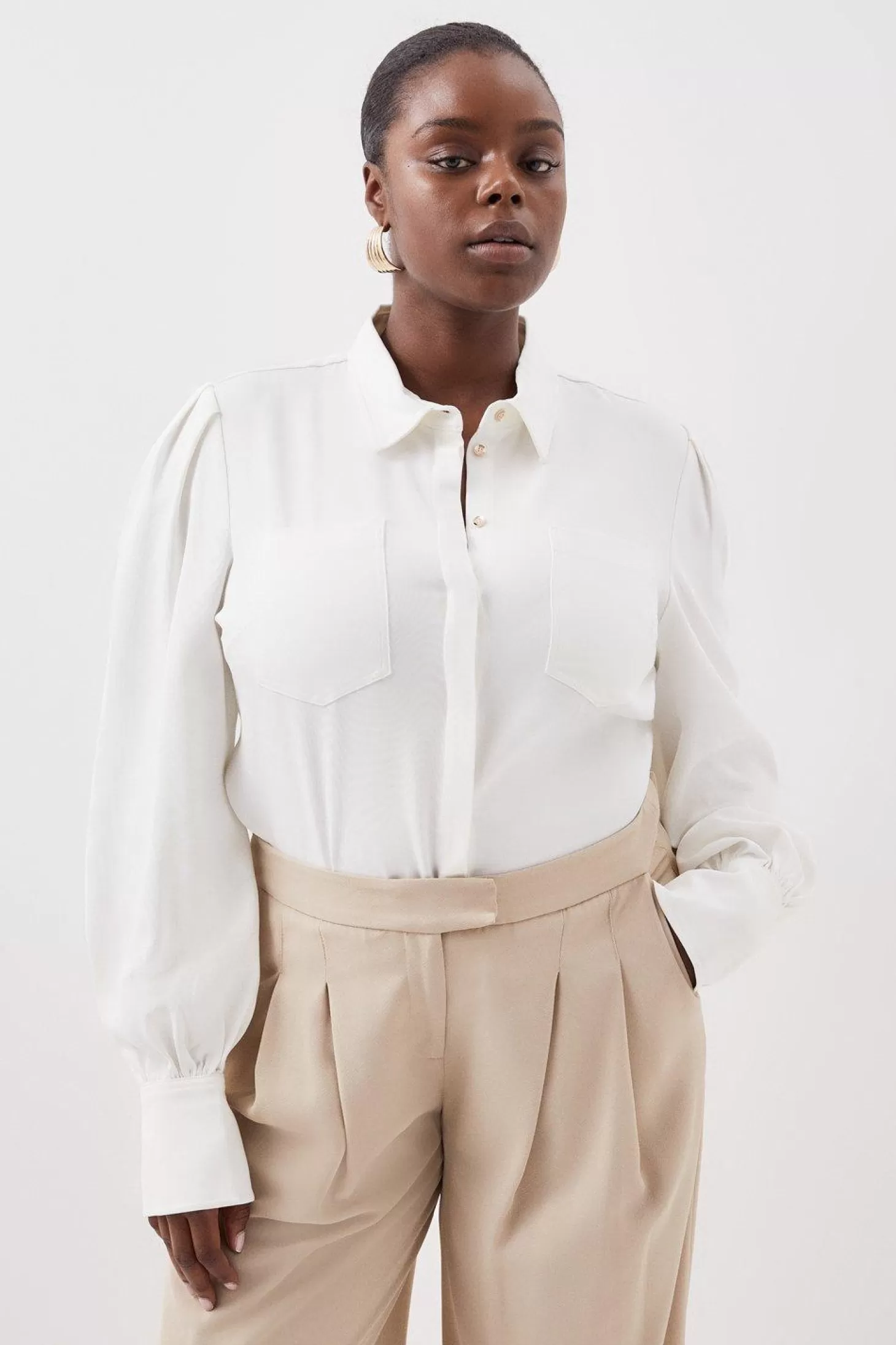 Karen Millen Plus Size Premium Viscose Crepe Statement Sleeve Collared Woven Blouse