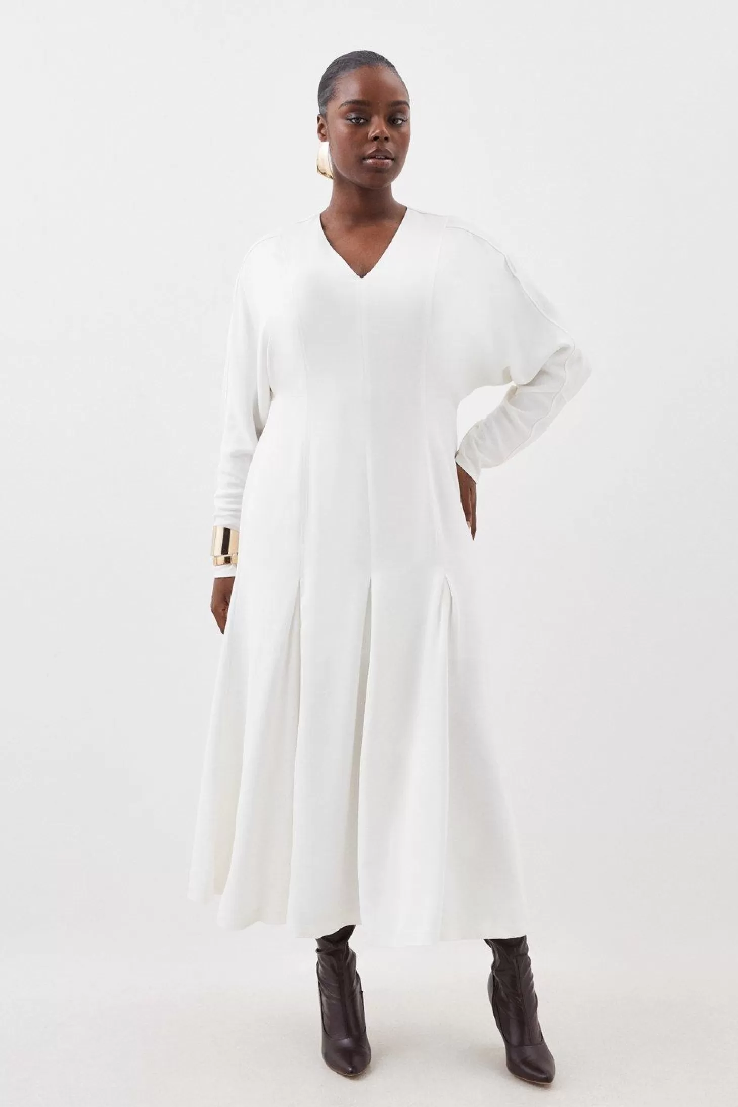 Karen Millen Plus Size Premium Viscose Crepe V Neck Long Sleeve Woven Midi Dress