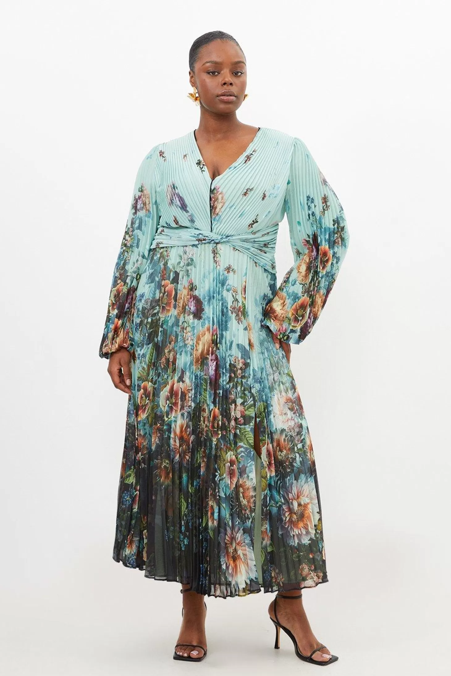 Karen Millen Plus Size Printed Pleated Yoryu Crinkle Cut Out Woven Maxi Dress