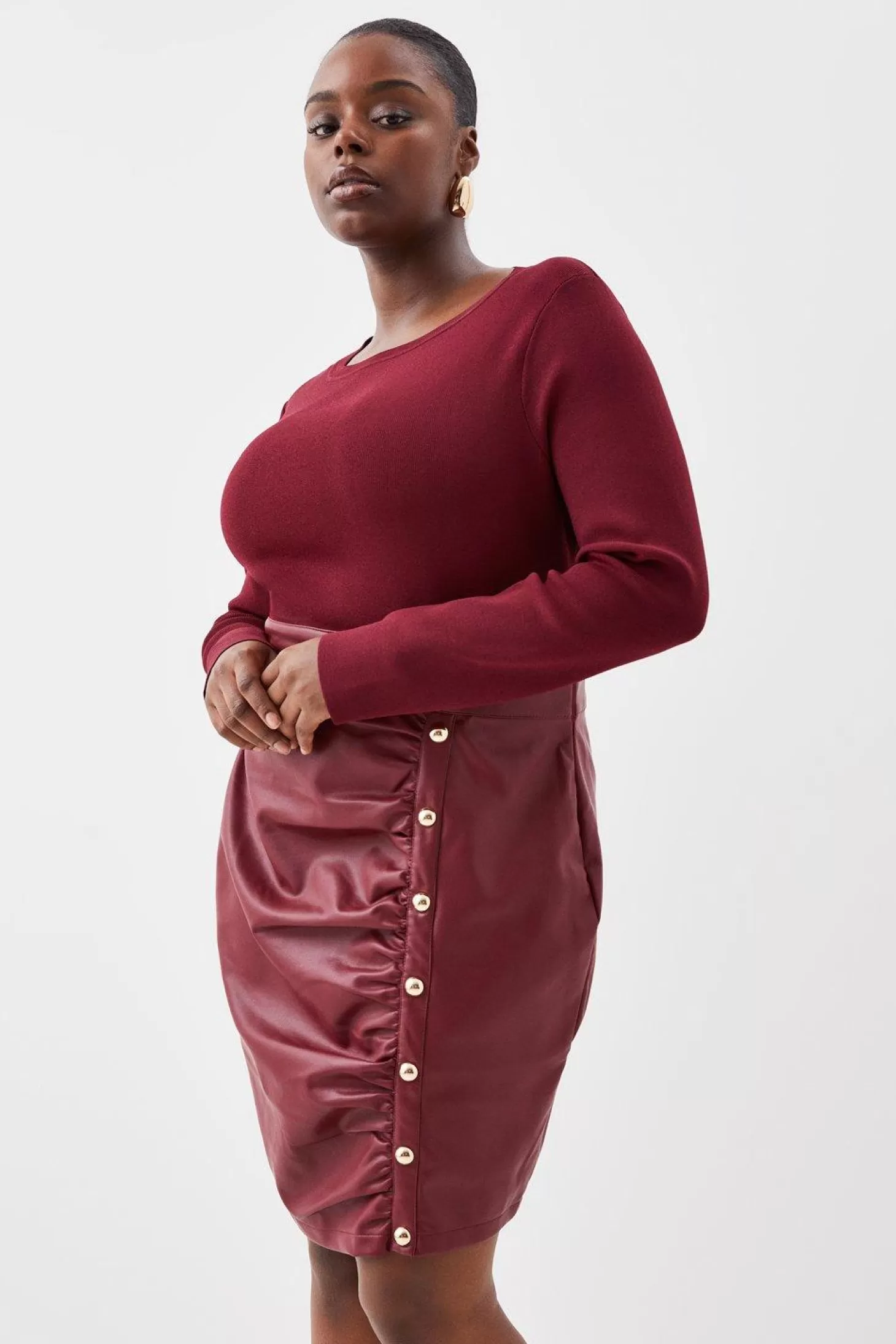 Karen Millen Plus Size Pu Knit Ruched Skirt Midi Dress