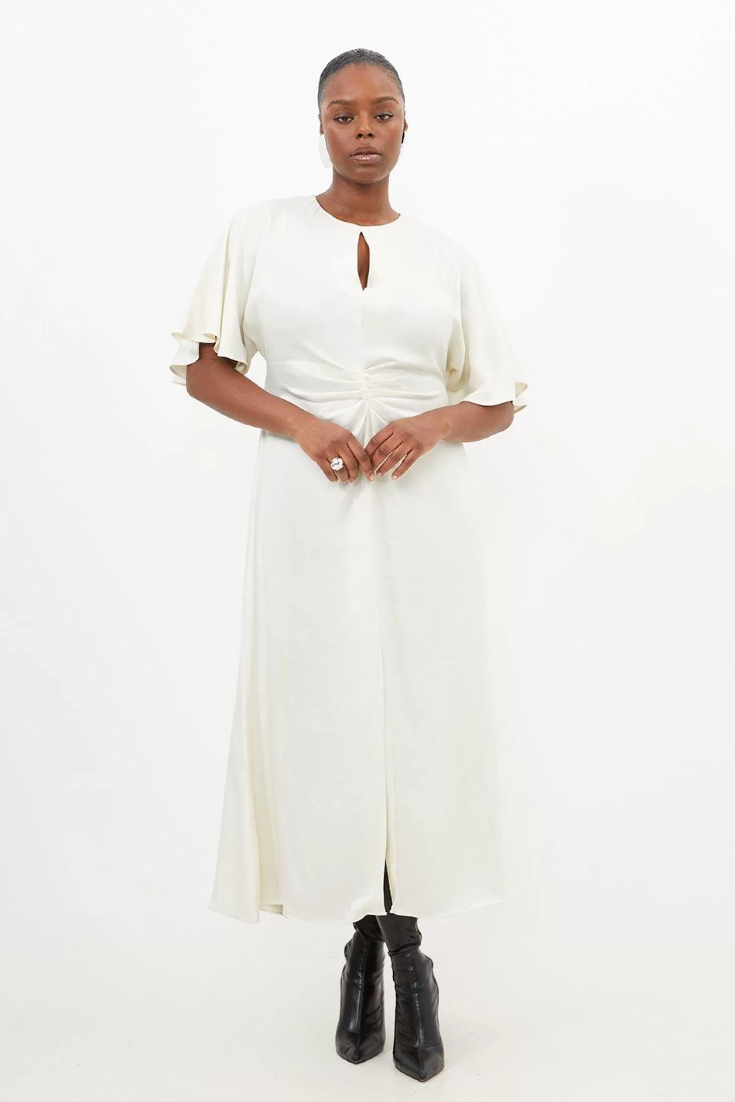 Karen Millen Plus Size Satin Crepe Woven Angel Sleeve Midi Dress