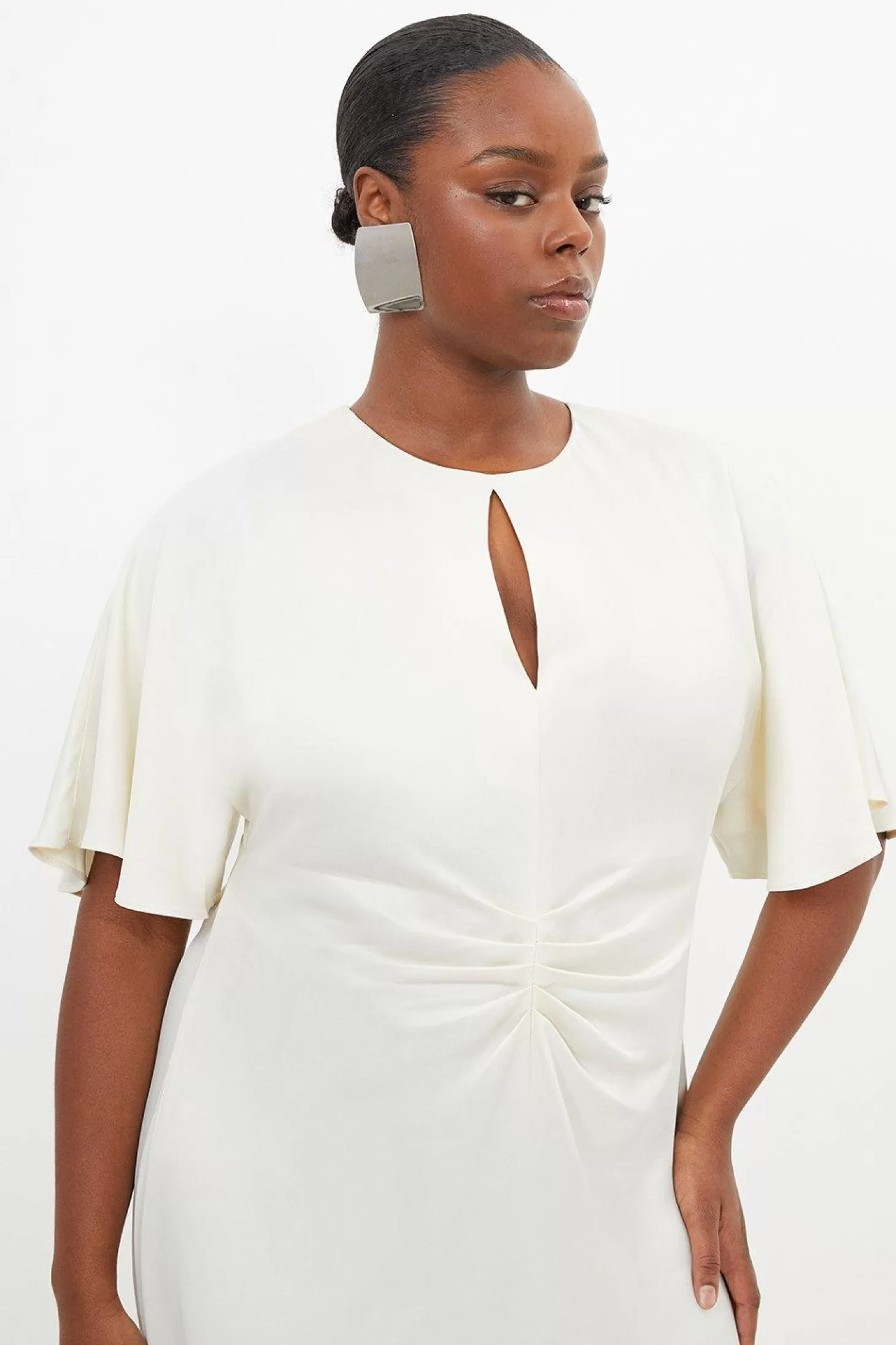 Karen Millen Plus Size Satin Crepe Woven Angel Sleeve Midi Dress