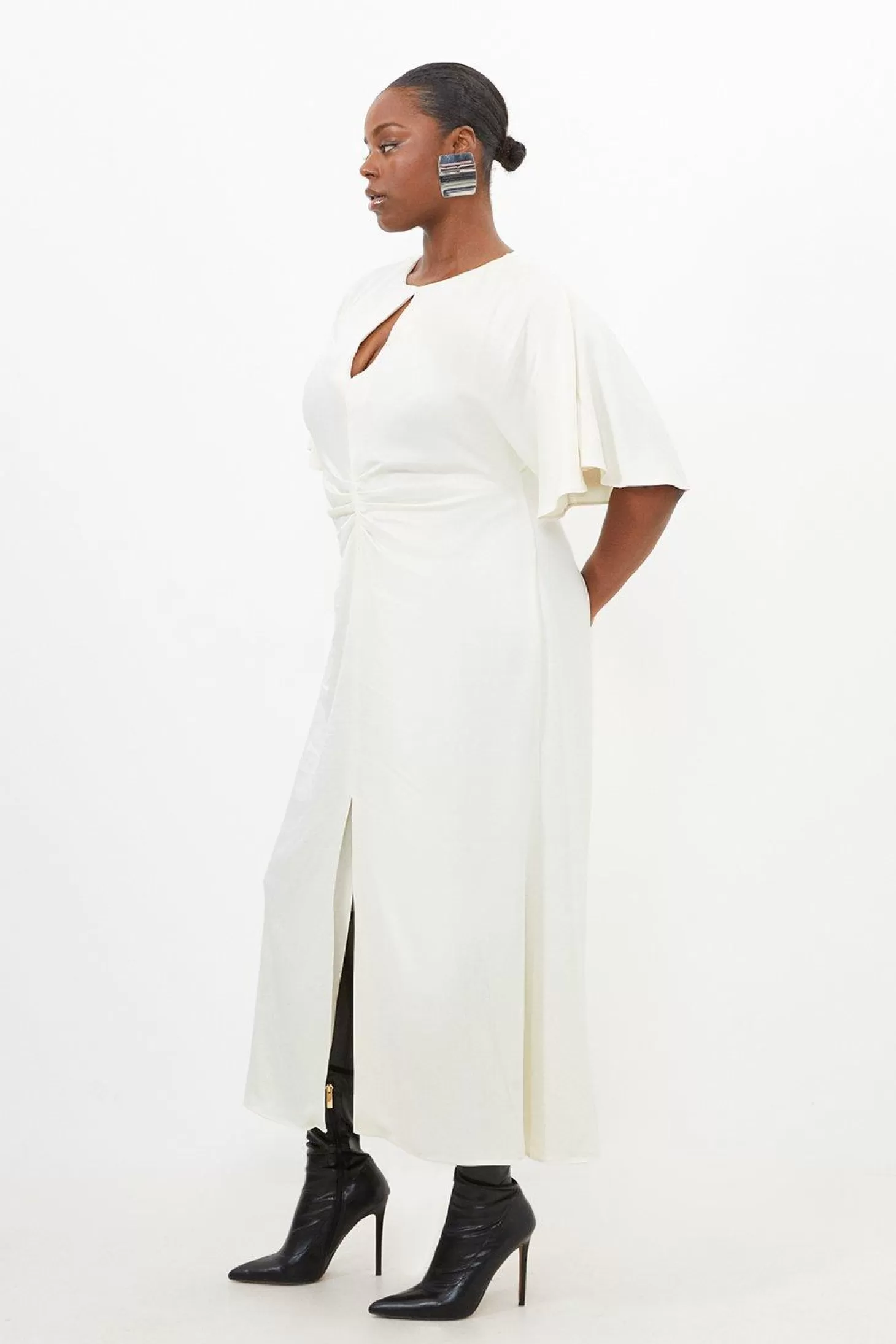 Karen Millen Plus Size Satin Crepe Woven Angel Sleeve Midi Dress