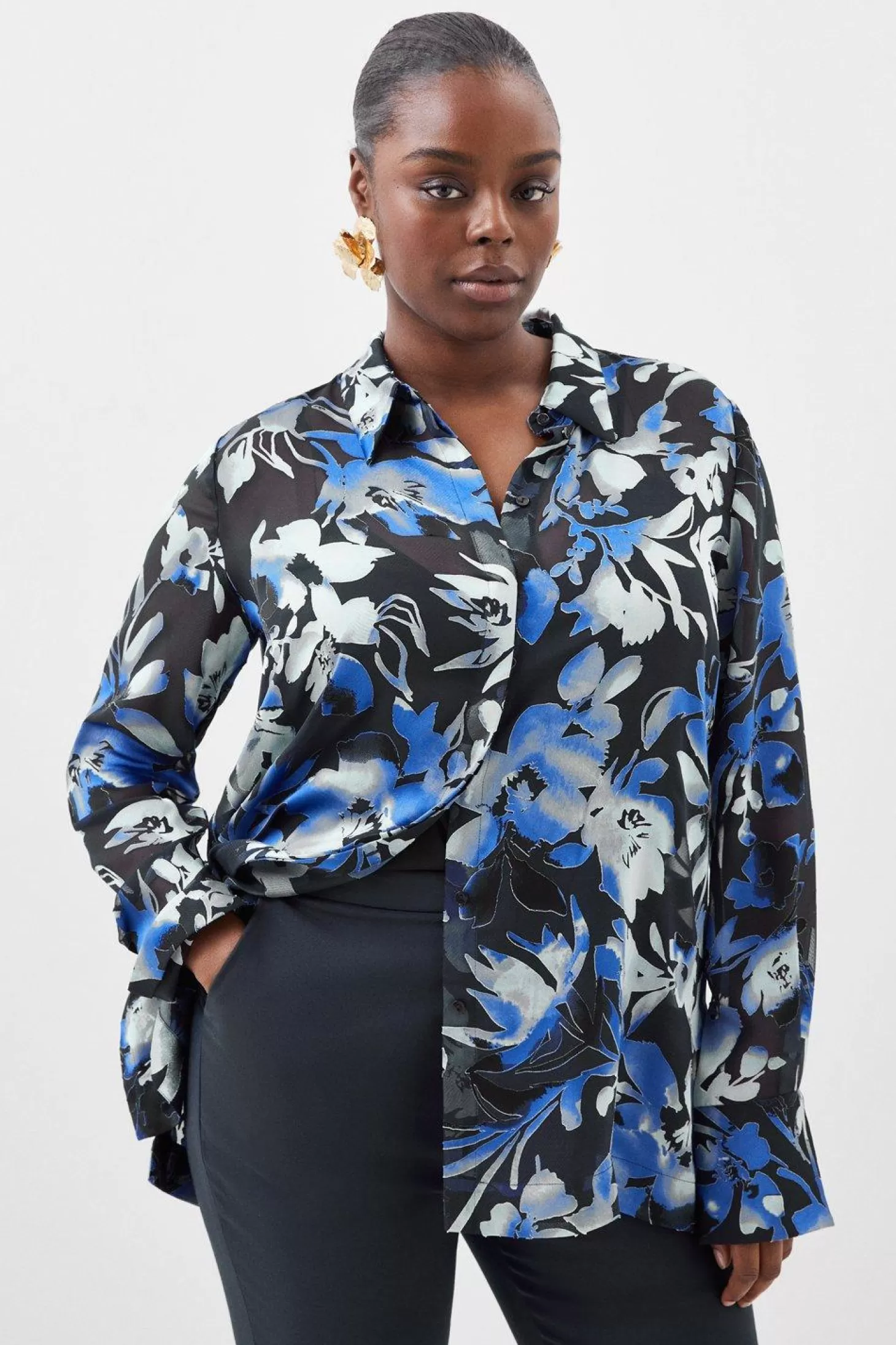 Karen Millen Plus Size Satin Floral Devore Woven Shirt
