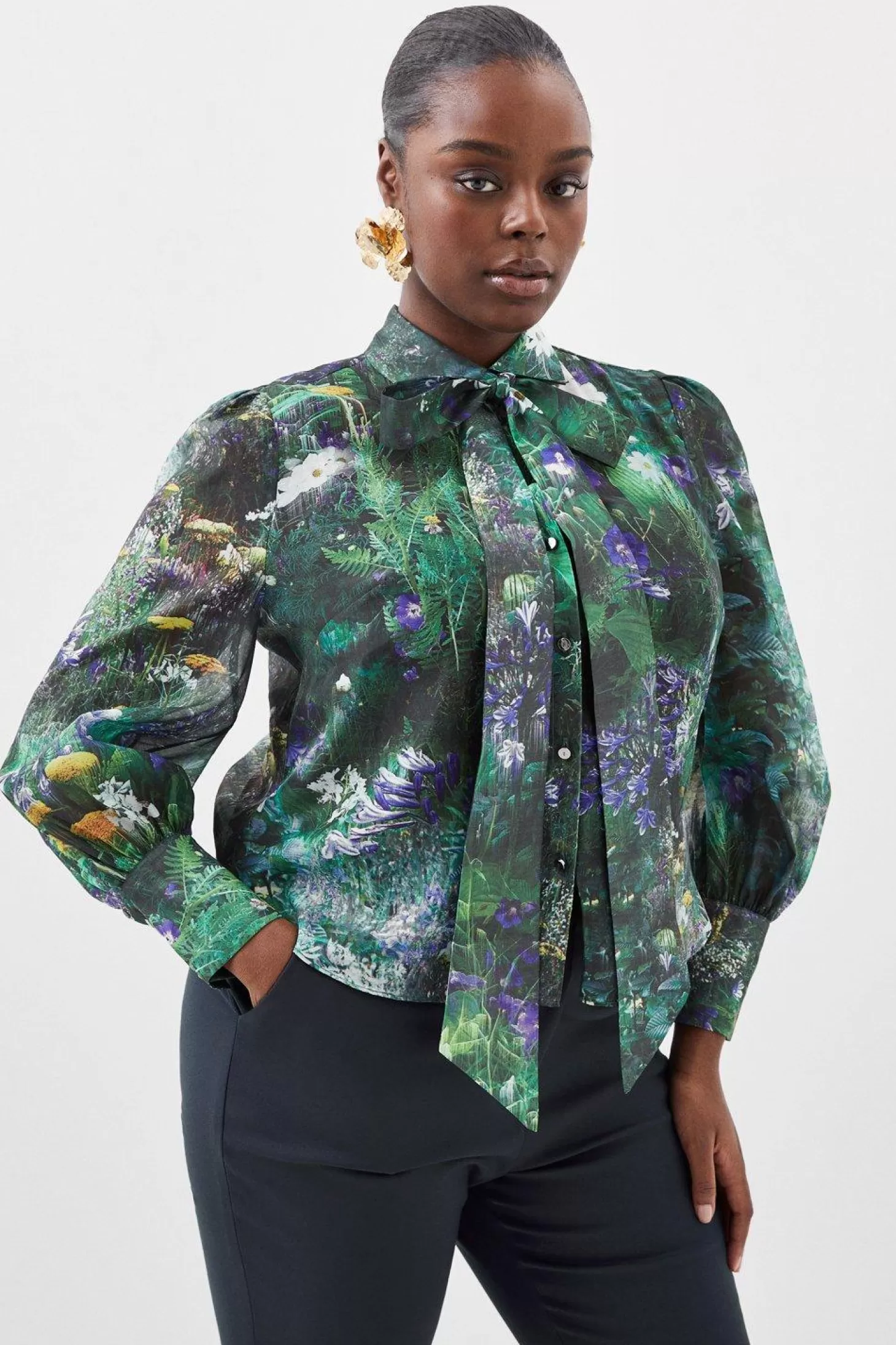 Karen Millen Plus Size Scenic Printed Organdie Pussybow Tie Blouse