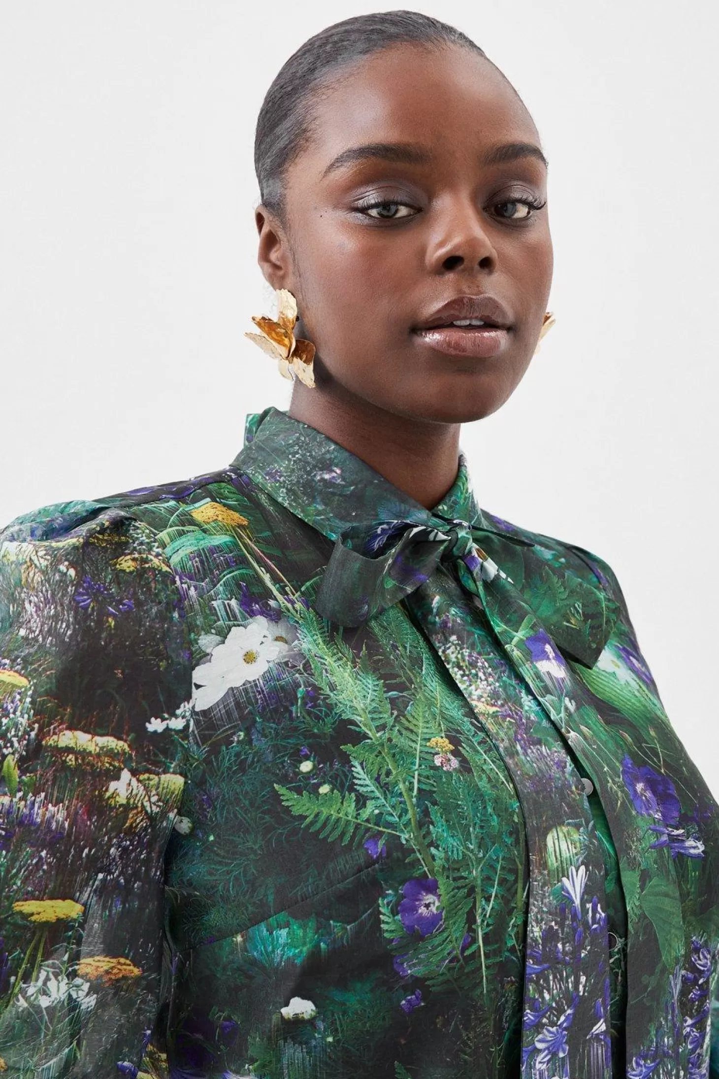 Karen Millen Plus Size Scenic Printed Organdie Pussybow Tie Blouse