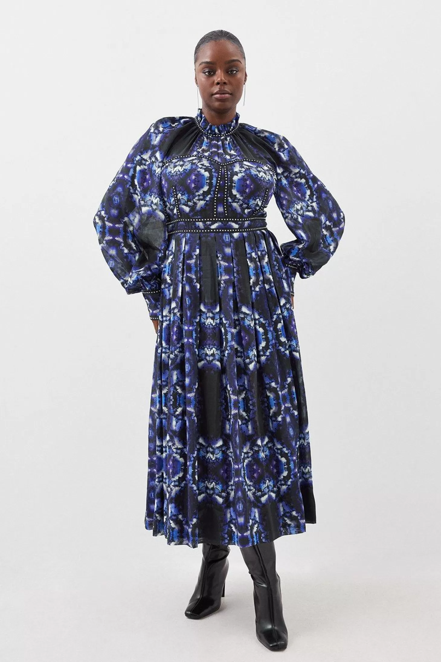 Karen Millen Plus Size Silk Cotton Border Print Woven Midi Dress
