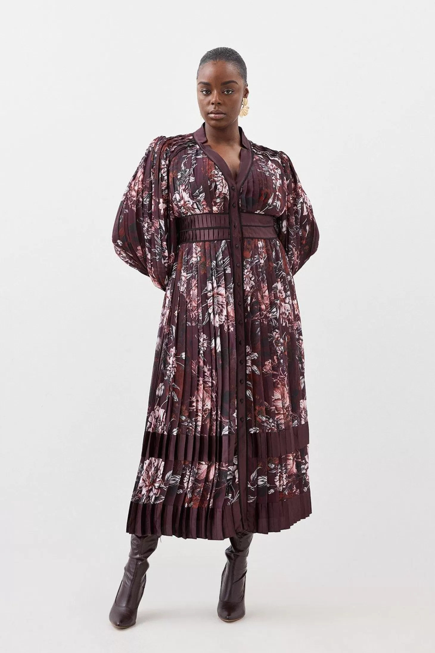 Karen Millen Plus Size Sketched Botanical Plunge Woven Maxi Dress