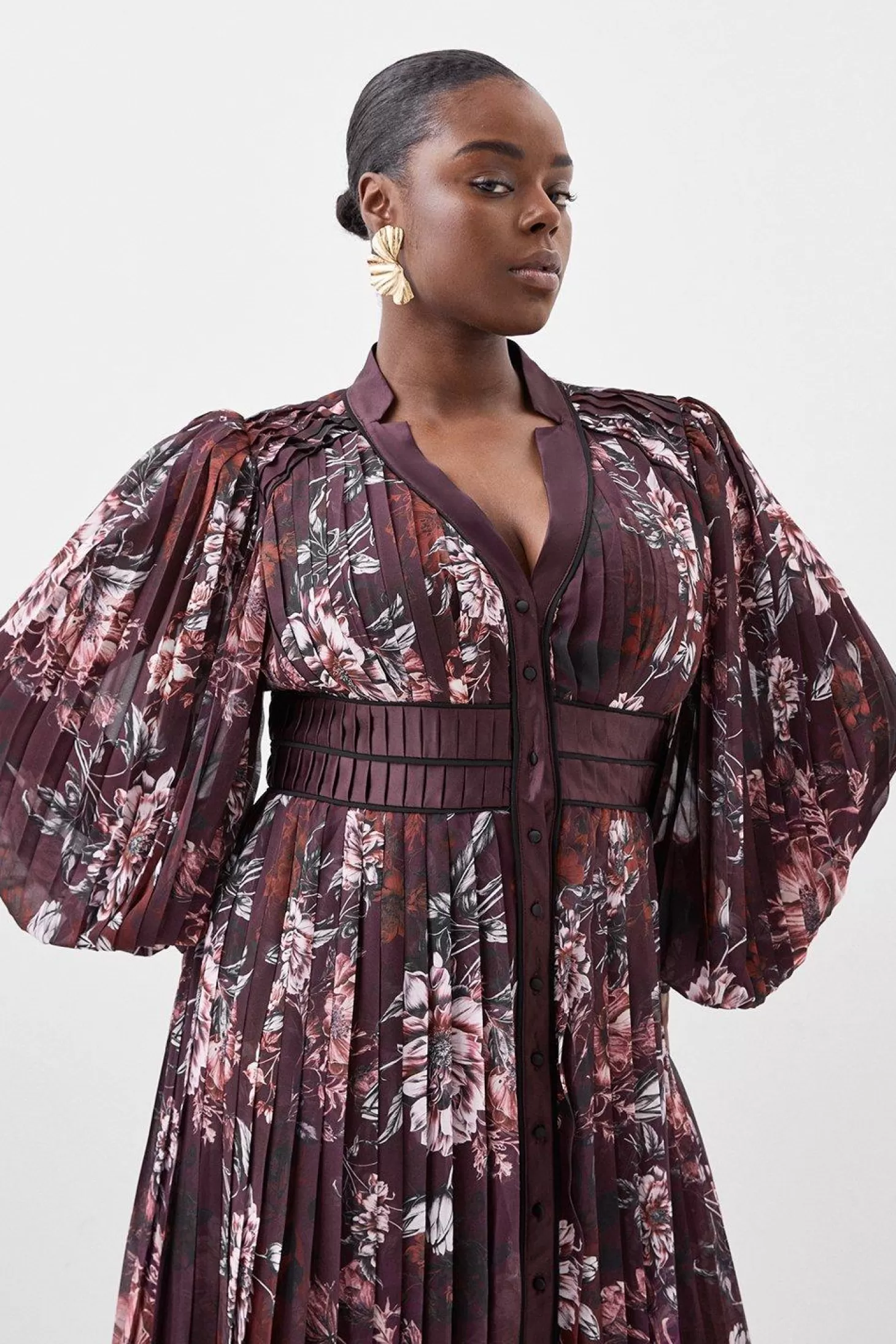 Karen Millen Plus Size Sketched Botanical Plunge Woven Maxi Dress