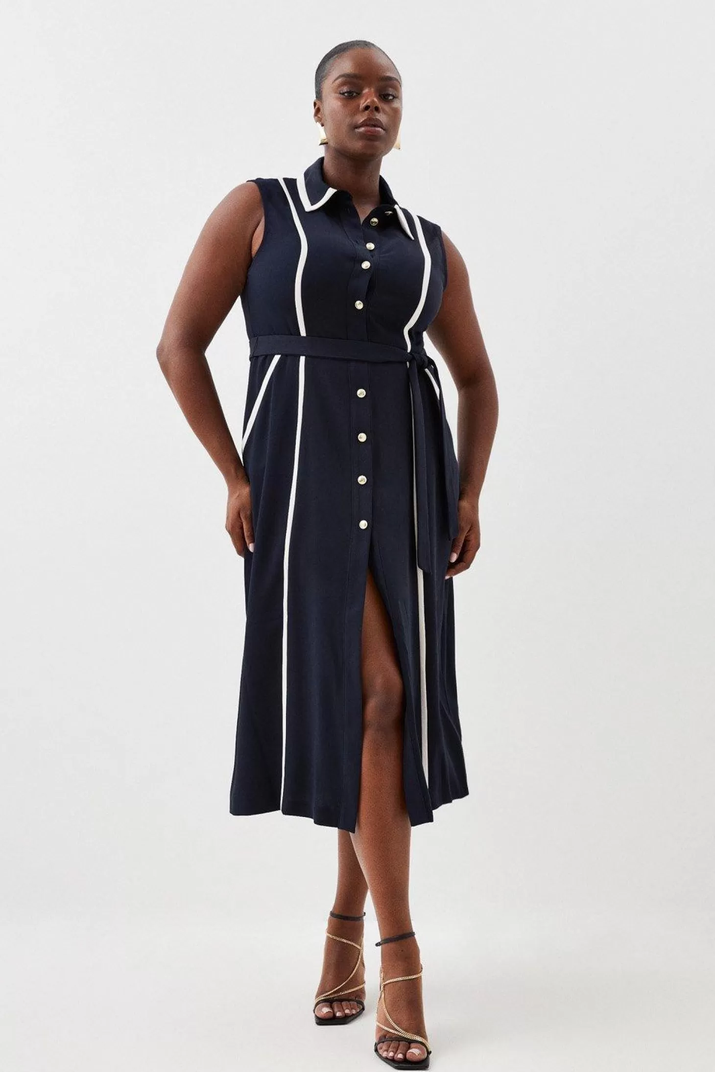 Karen Millen Plus Size Soft Tailored Pipe Detail Sleeveless Shirt Dress