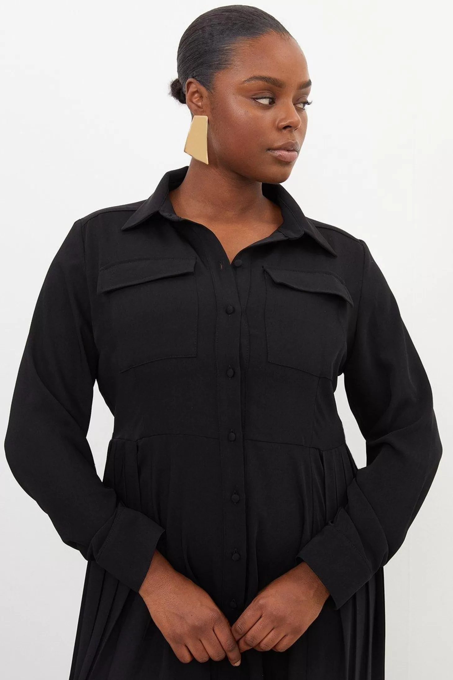 Karen Millen Plus Size Soft Tailored Pleated Pocket Detail Shirt Dress