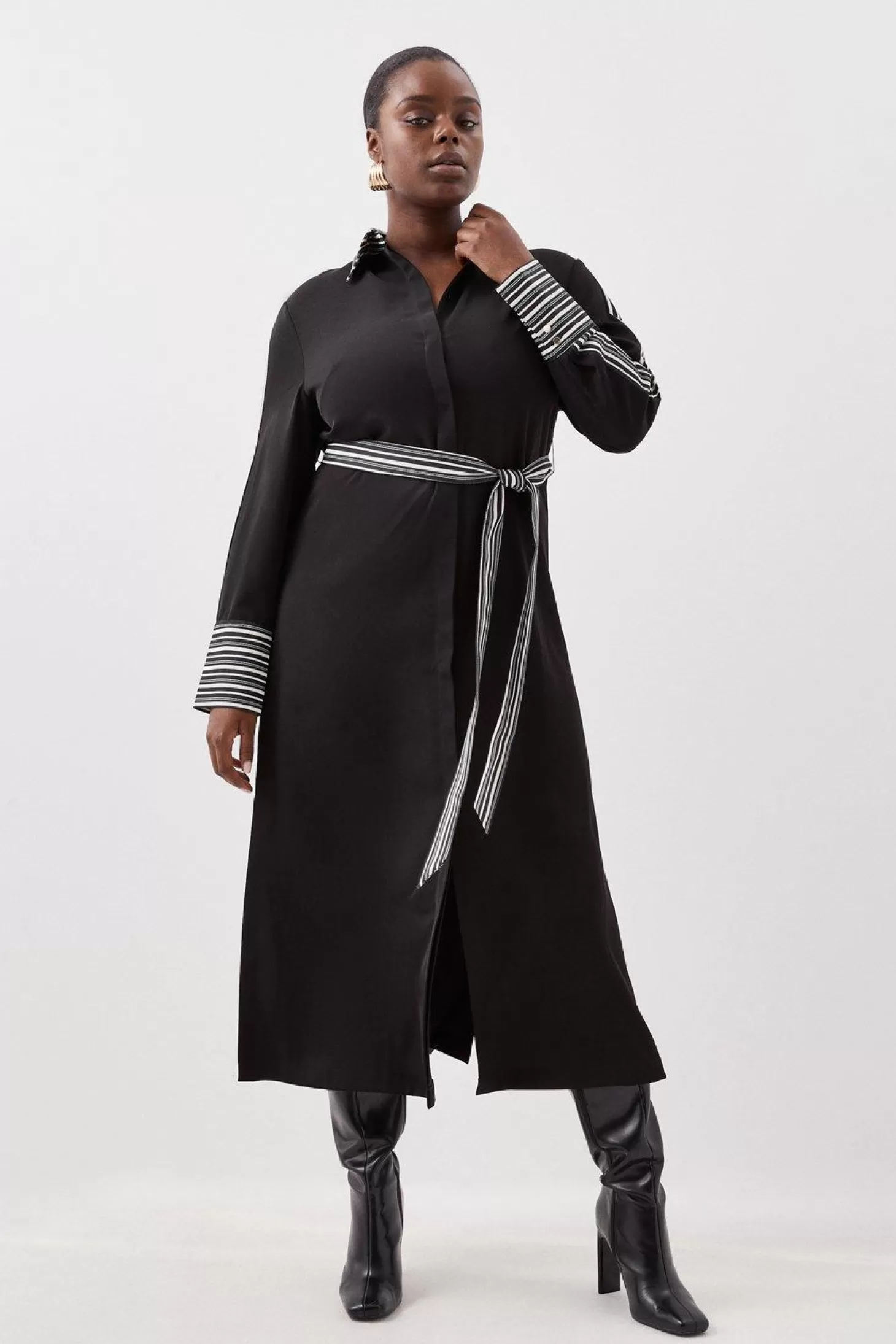 Karen Millen Plus Size Stripe Twill Belted Woven Midi Shirt Dress