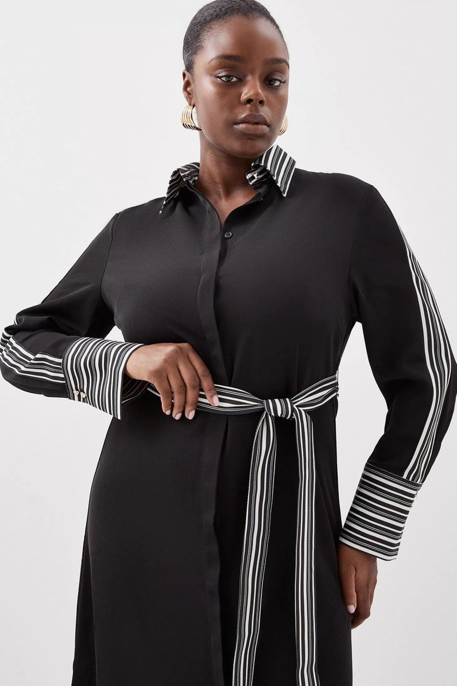 Karen Millen Plus Size Stripe Twill Belted Woven Midi Shirt Dress
