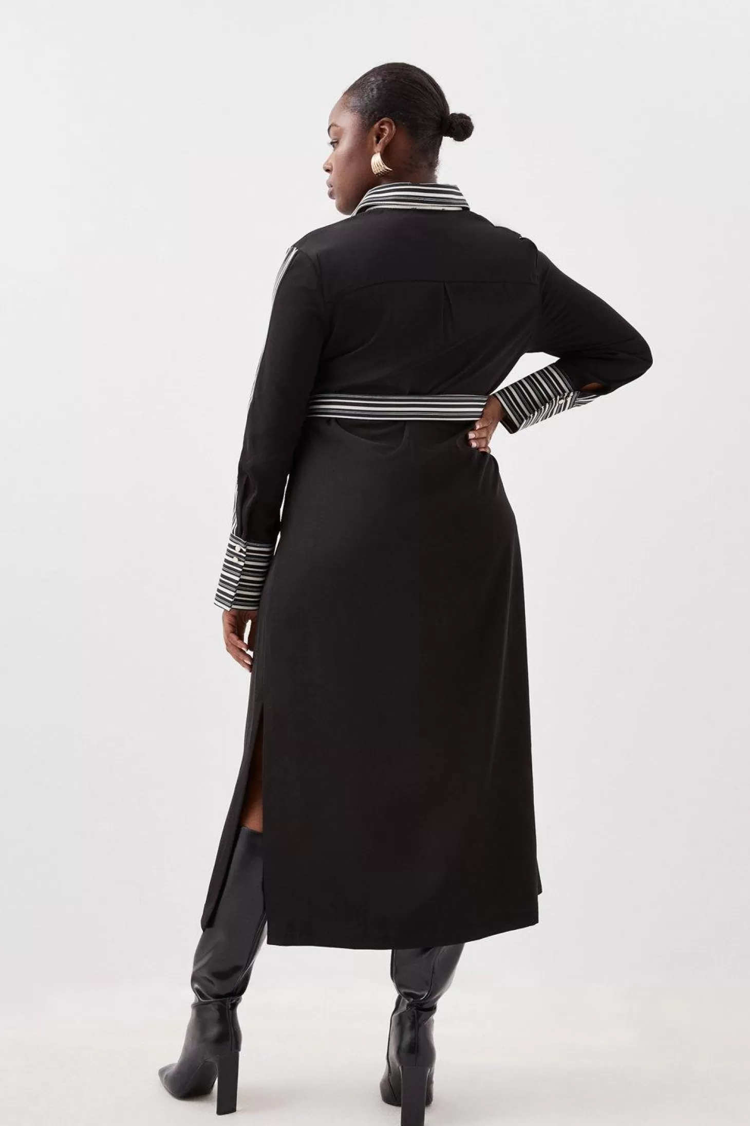 Karen Millen Plus Size Stripe Twill Belted Woven Midi Shirt Dress