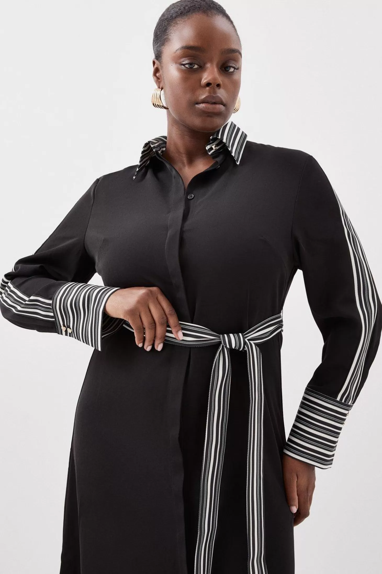 Karen Millen Plus Size Stripe Twill Belted Woven Midi Shirt Dress