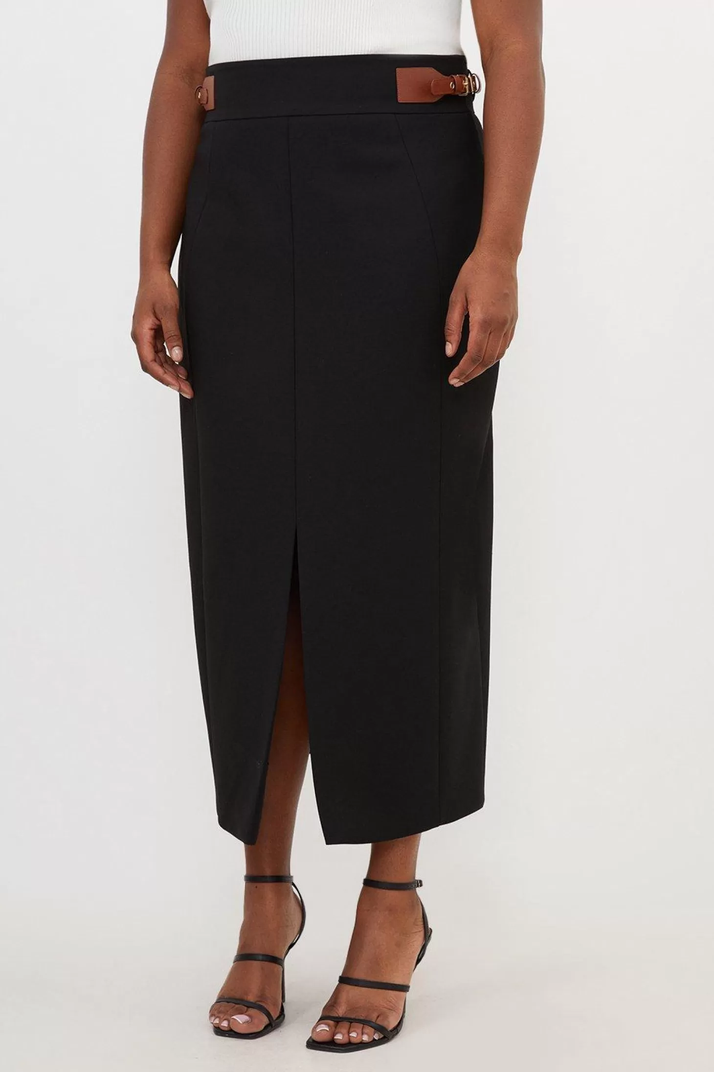 Karen Millen Plus Size Tailored Compact Stretch Tab Detail Midi Skirt