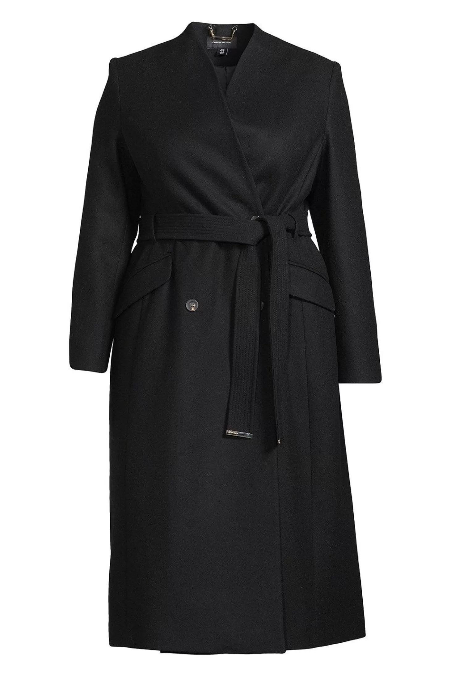 Karen Millen Plus Size Tailored Italian Manteco Wool Blend High Neck Belted Maxi Coat