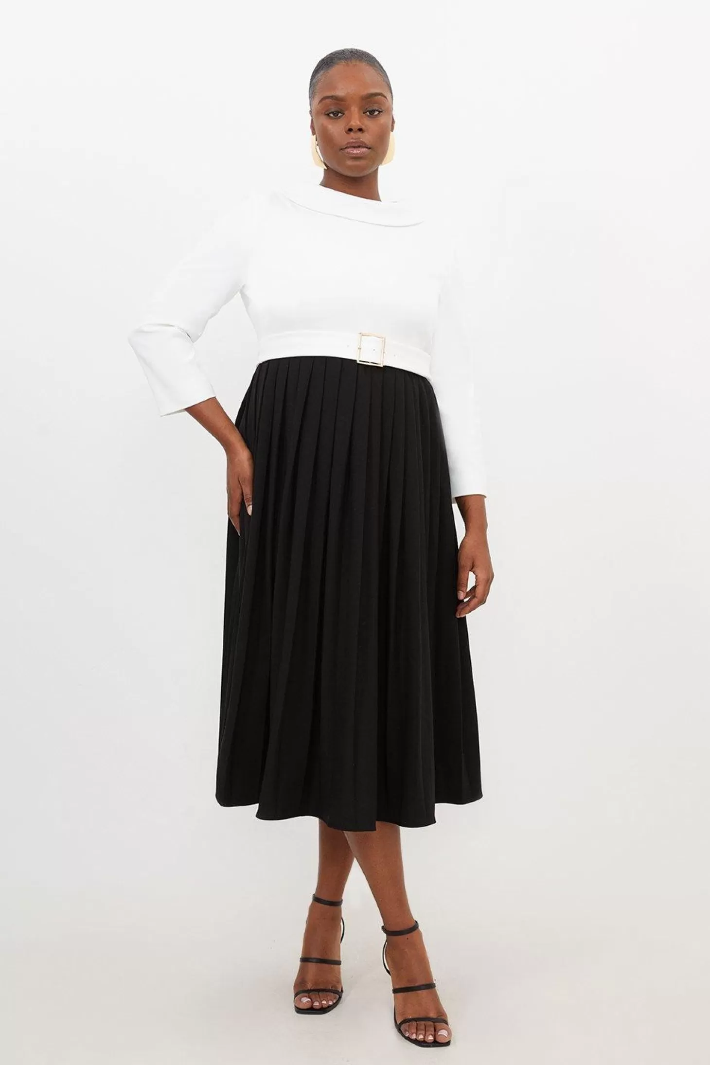 Karen Millen Plus Size Tailored Structured Crepe Turtleneck Pleated Dress
