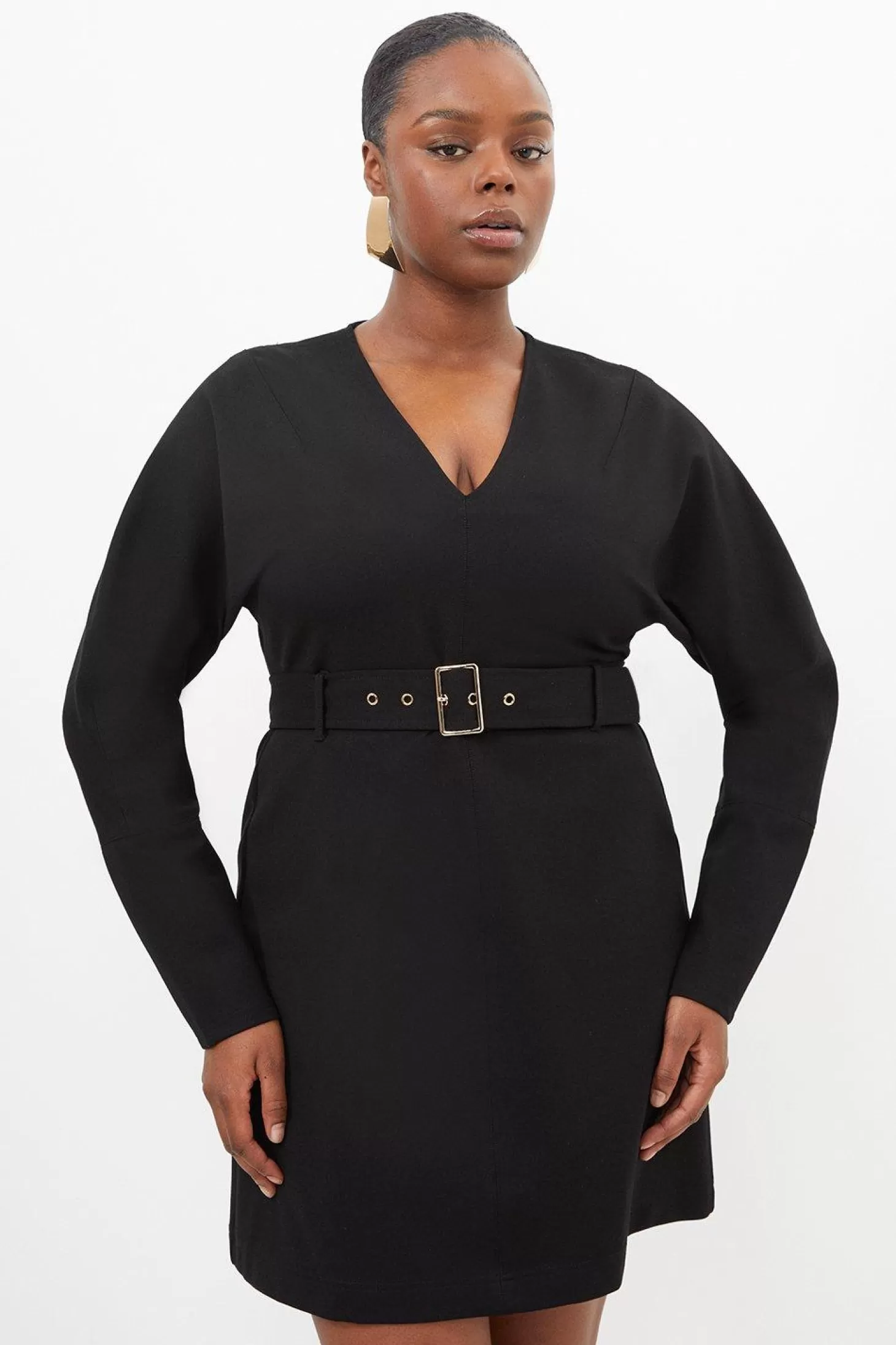 Karen Millen Plus Size V Neck Belted Ponte Jersey Mini Dress