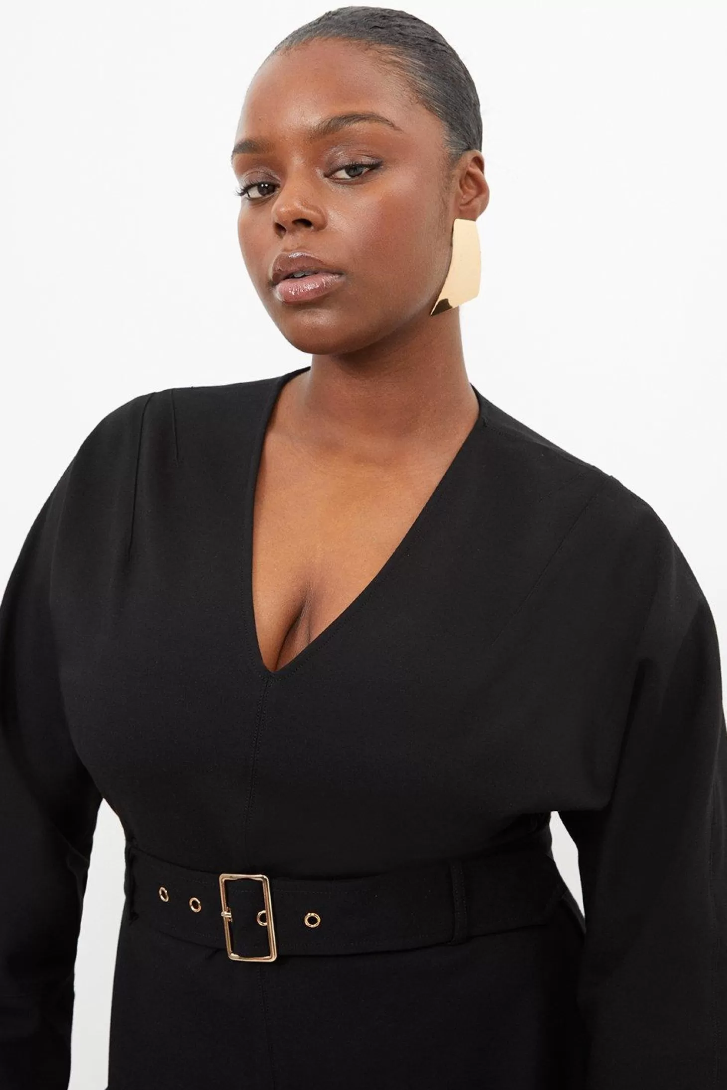 Karen Millen Plus Size V Neck Belted Ponte Jersey Mini Dress