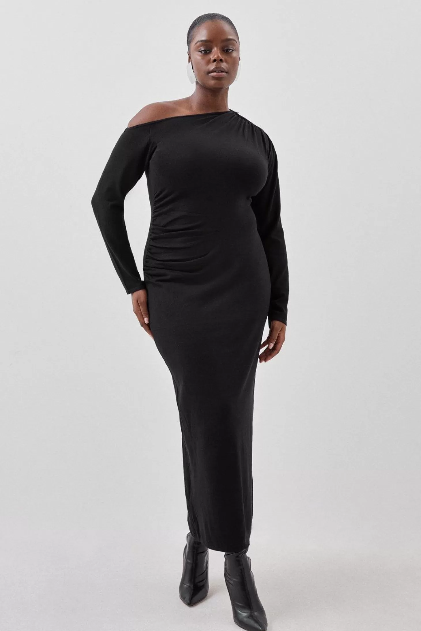 Karen Millen Plus Size Viscose Blend Asymmetric Ruched Knit Maxi Dress
