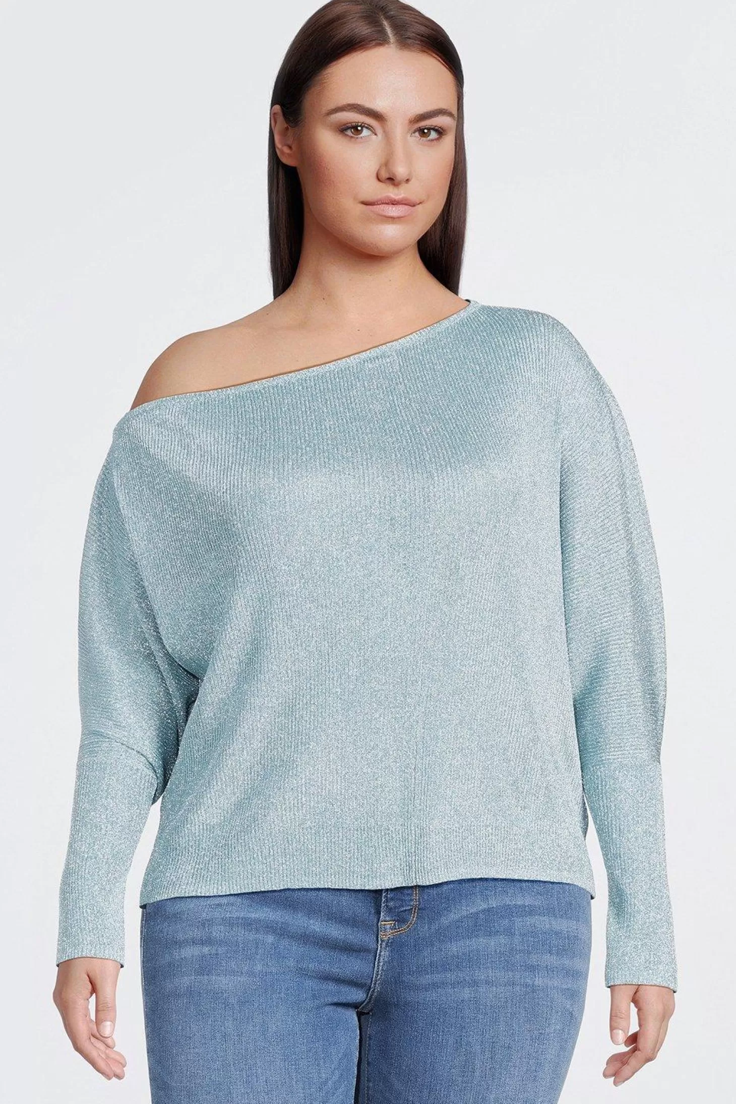 Karen Millen Plus Size Viscose Blend Metallic Sparkle Knit Drop Shoulder Top