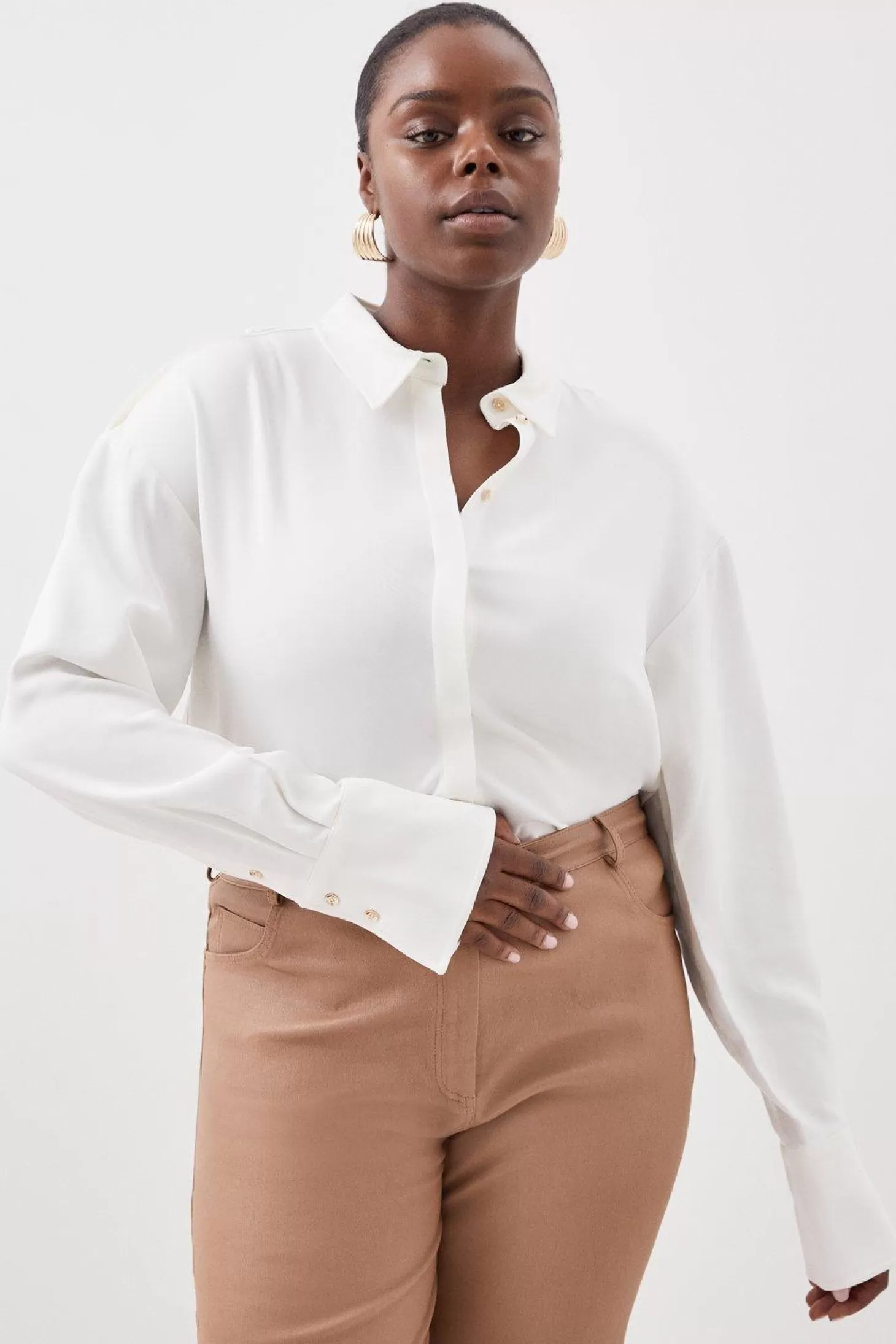 Karen Millen Plus Size Viscose Crepe Long Sleeve Collared Shirt