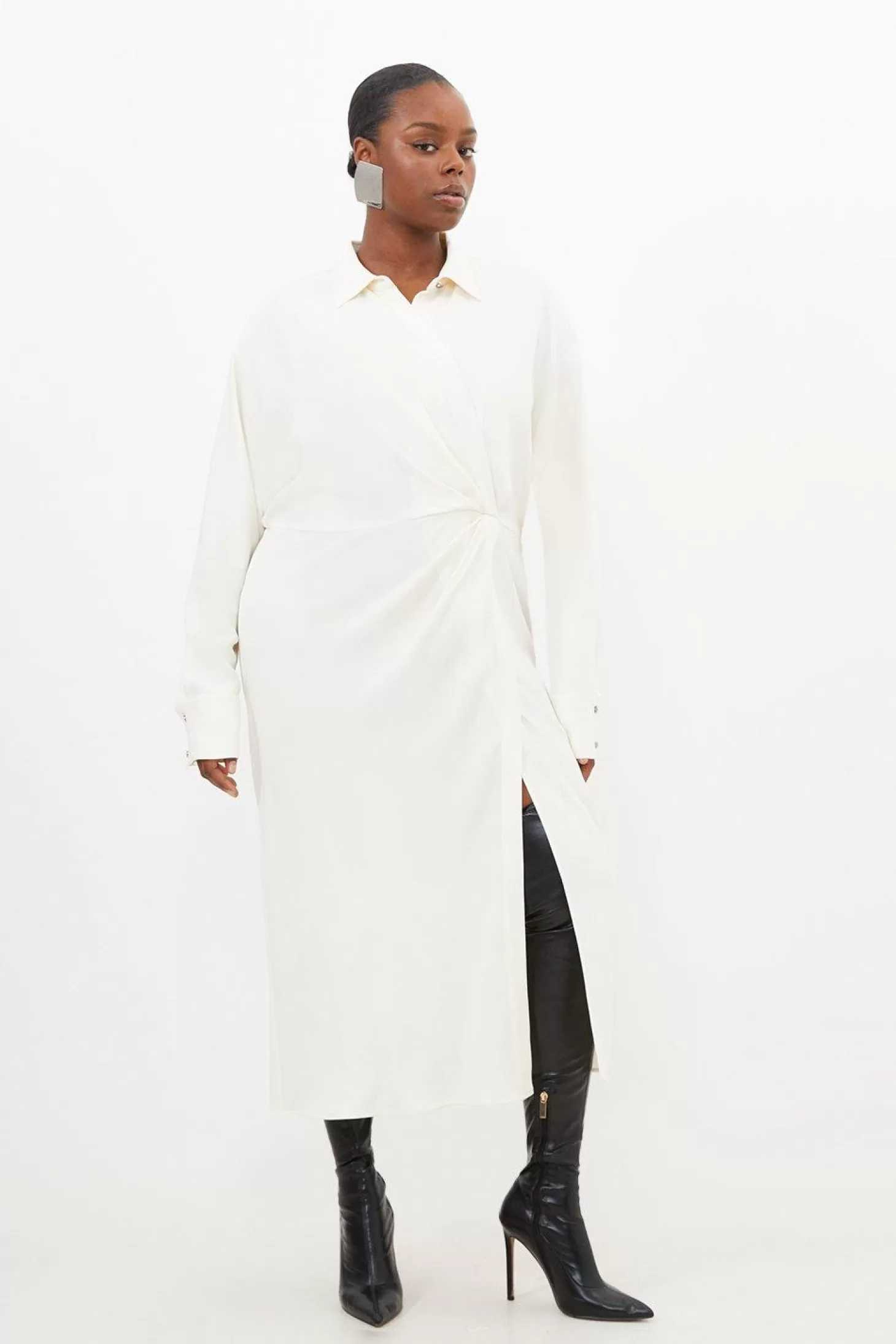 Karen Millen Plus Size Viscose Crepe Long Sleeve Woven Midi Shirt Dress