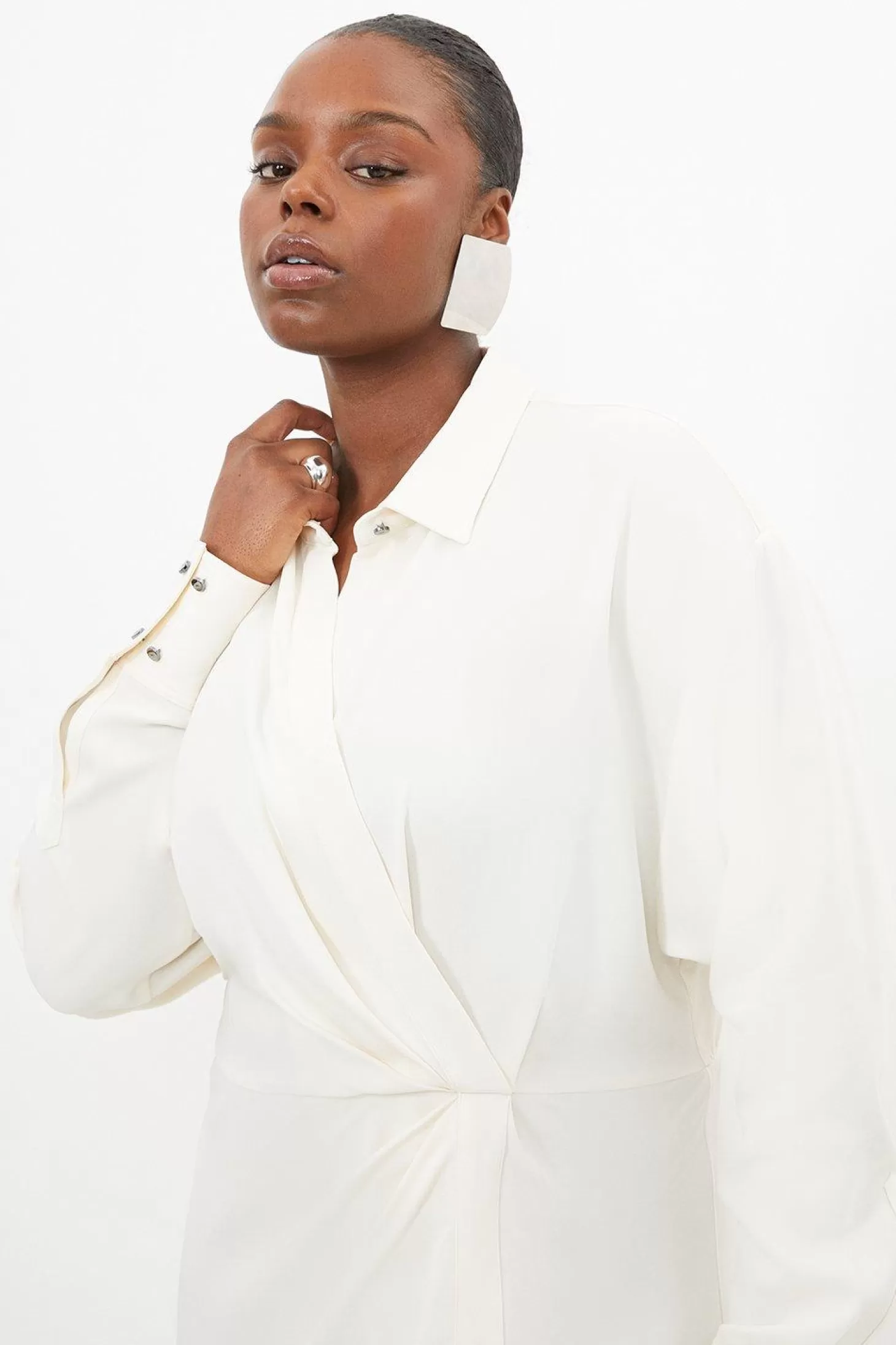 Karen Millen Plus Size Viscose Crepe Long Sleeve Woven Midi Shirt Dress