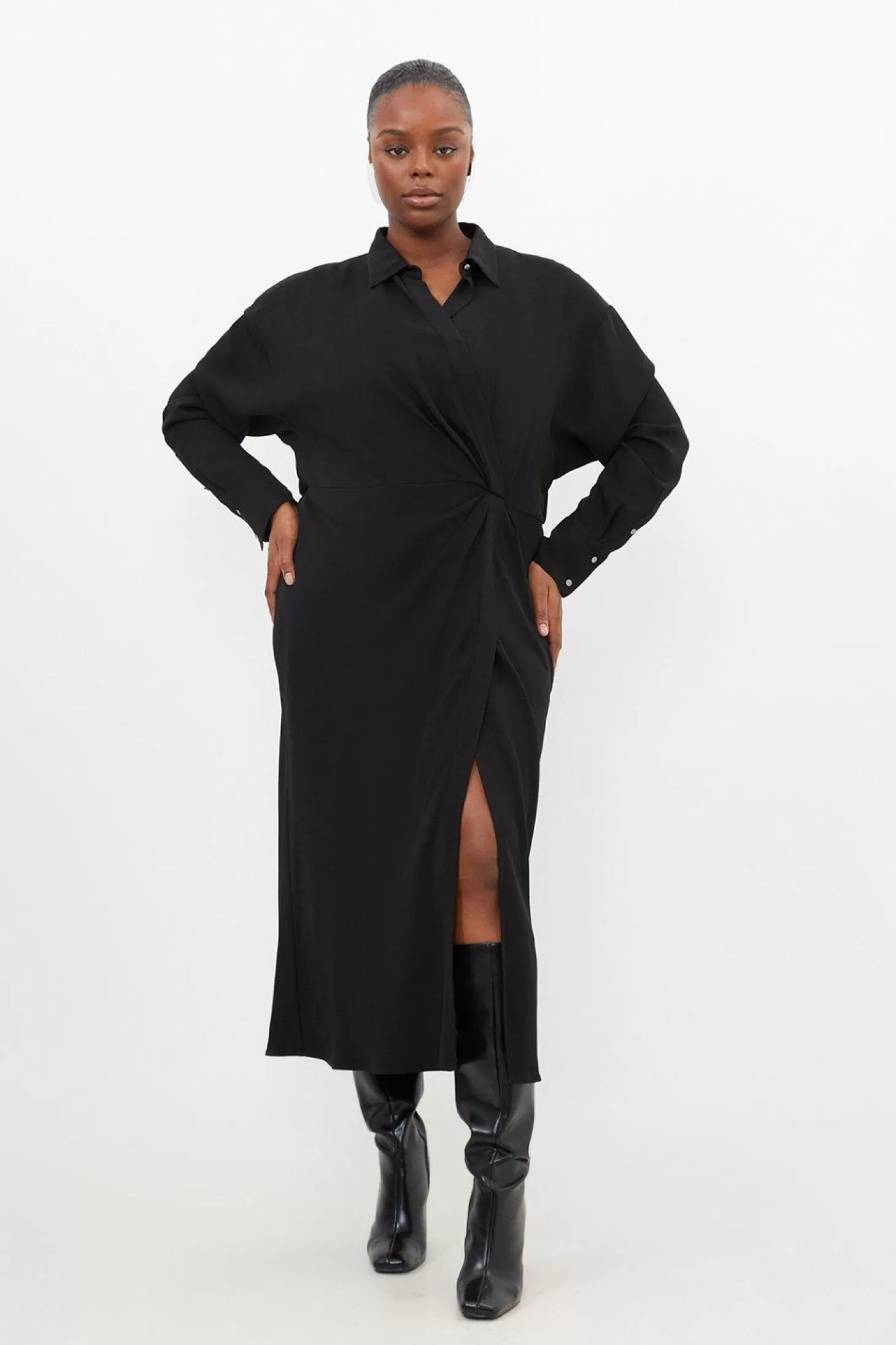 Karen Millen Plus Size Viscose Crepe Long Sleeve Woven Midi Shirt Dress
