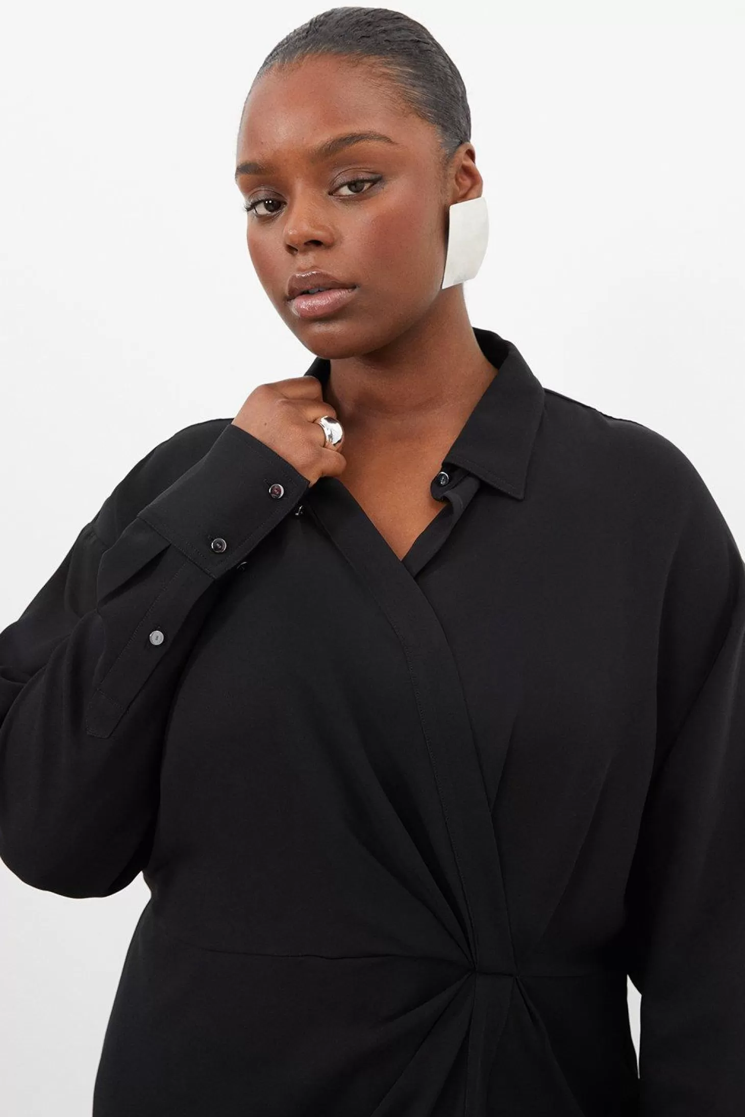 Karen Millen Plus Size Viscose Crepe Long Sleeve Woven Midi Shirt Dress