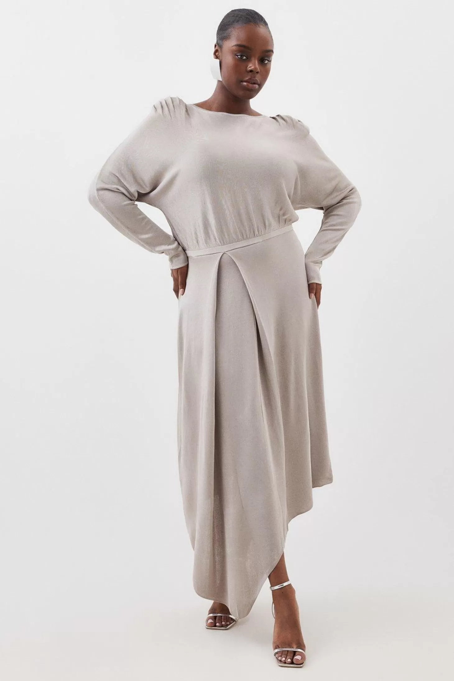 Karen Millen Plus Size Viscose Slinky Knit Round Sleeve Midaxi Dress