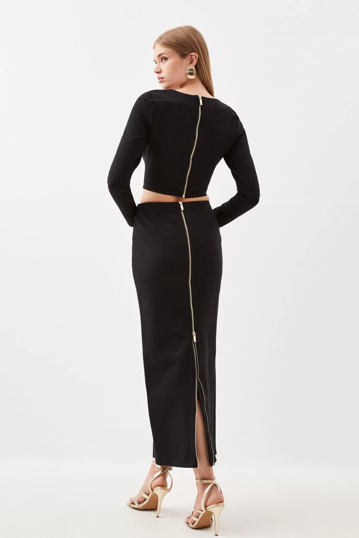Karen Millen Ponte Long Sleeve Crop Top And Split Front Skirt Jersey Set