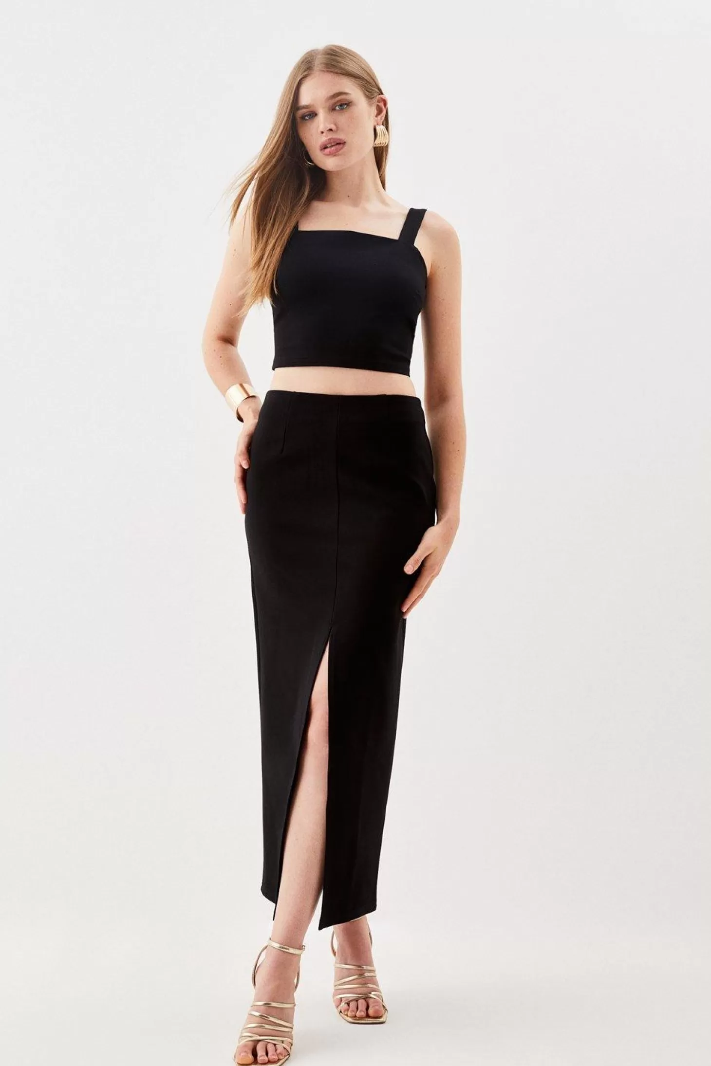 Karen Millen Ponte Strappy Crop Top And Split Front Skirt Jersey Set