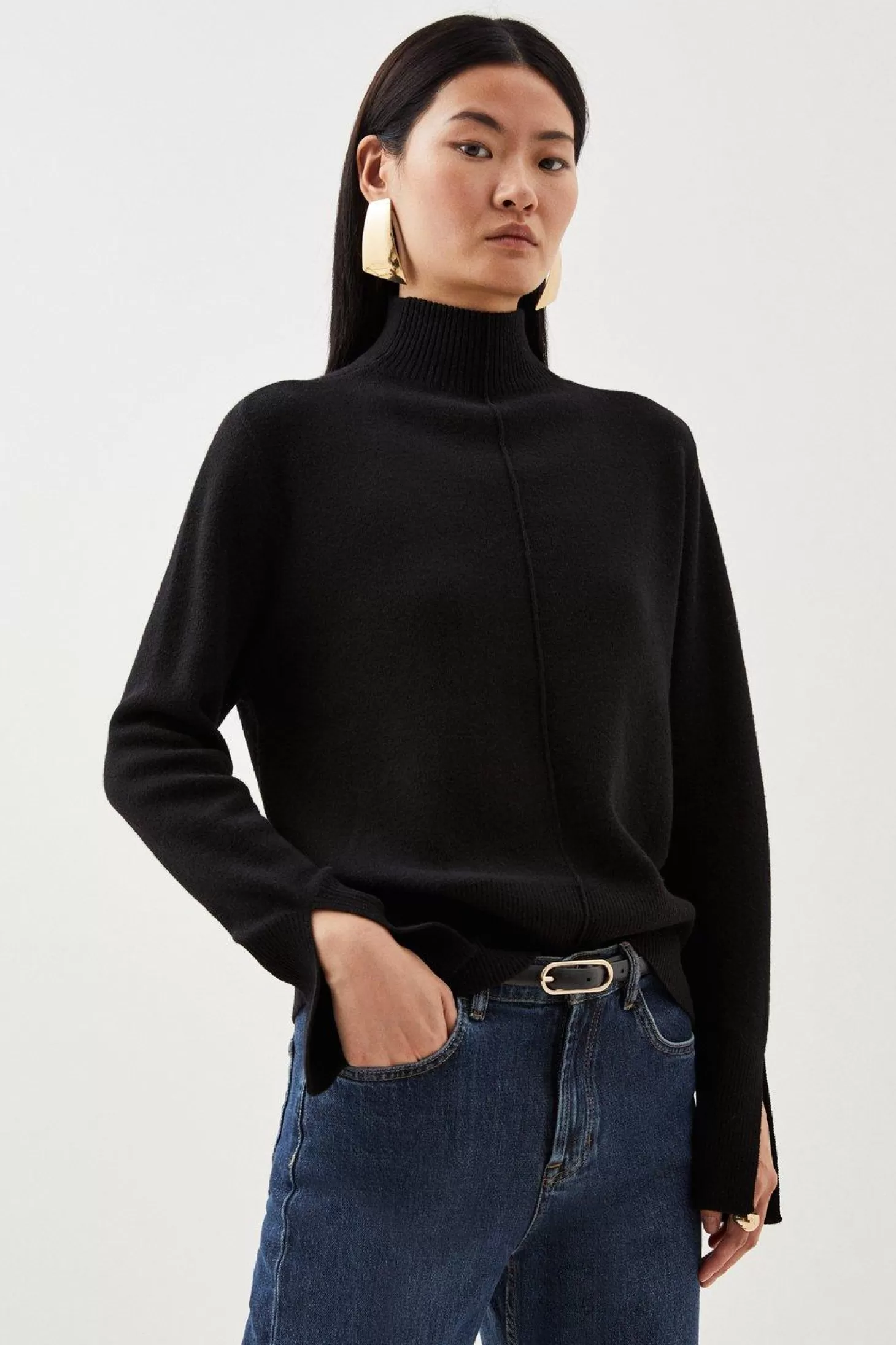 Karen Millen Premium Alpaca Wool Blend Funnel Neck Knit Top With Split Sleeve