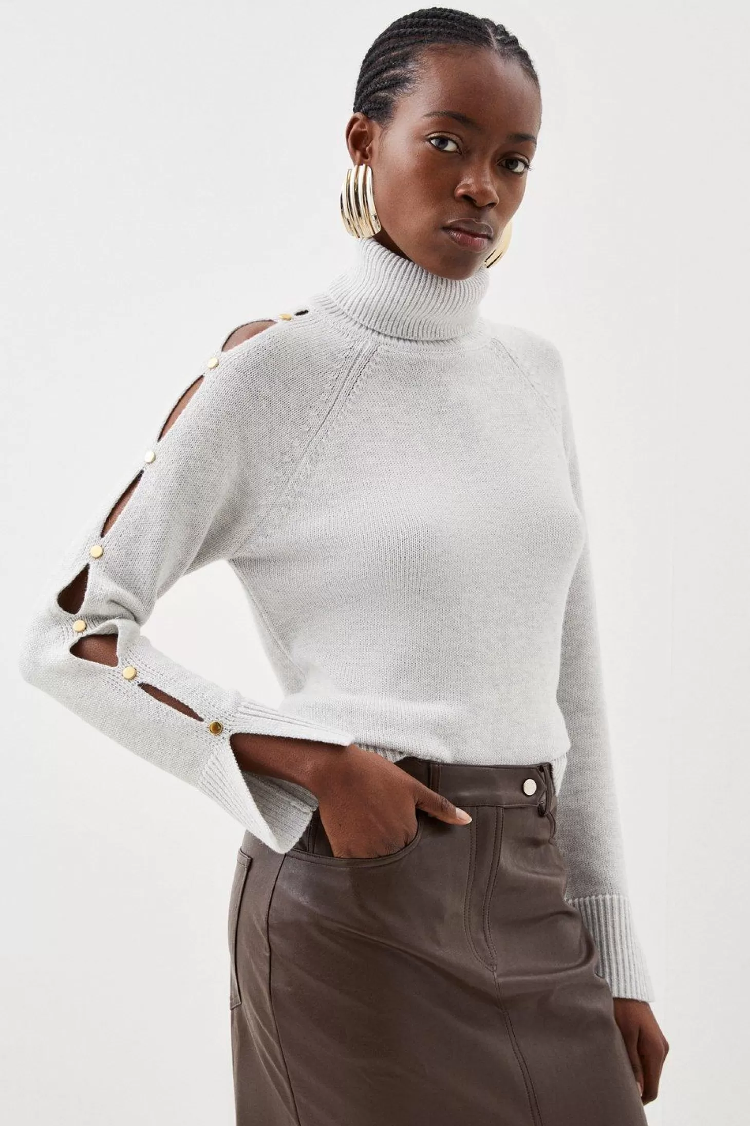 Karen Millen Premium Alpaca Wool Blend Knit Turtleneck Sweater With Open Sleeve Detail