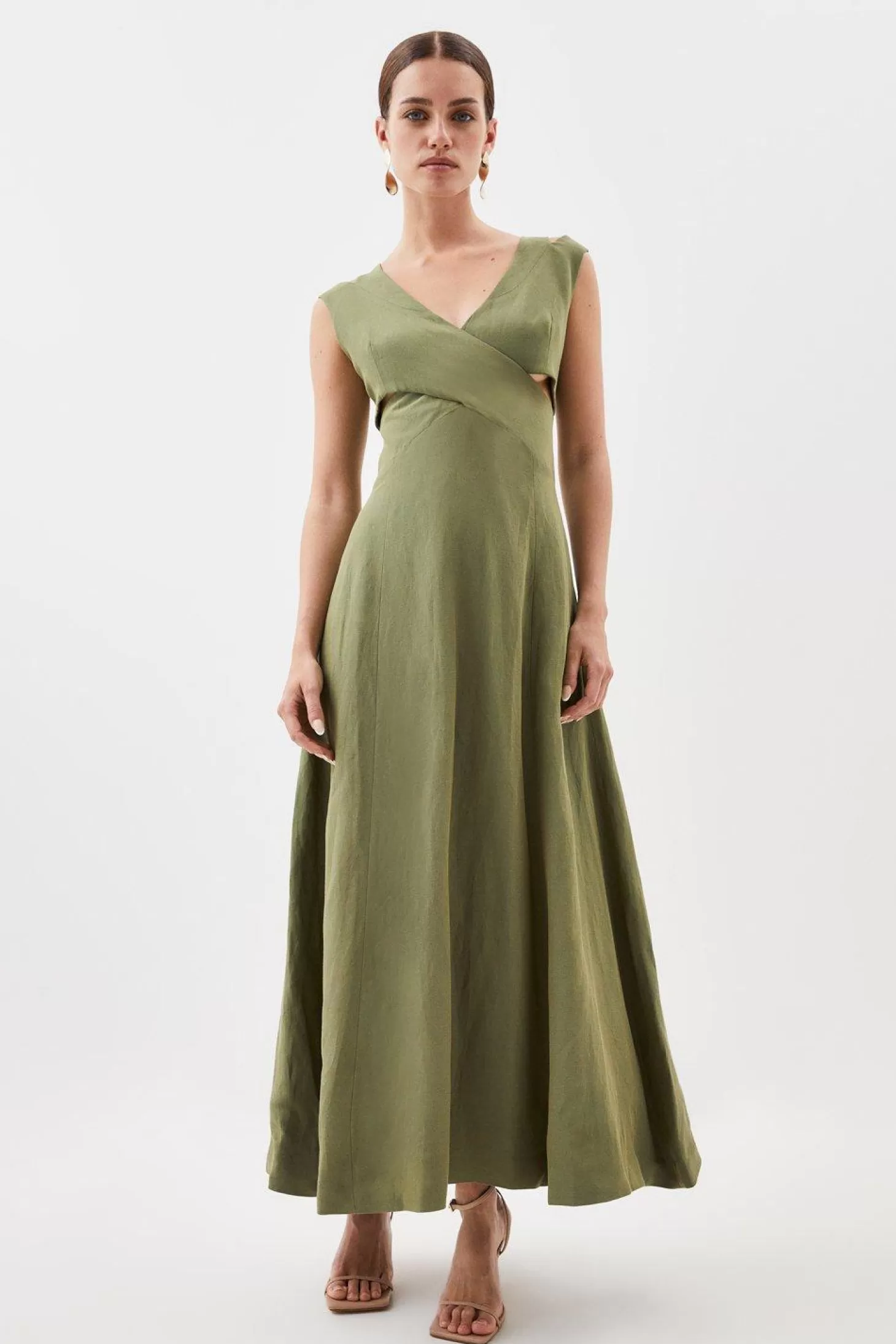 Karen Millen Premium Linen Petite Open Back V Neck Woven Midi Dress