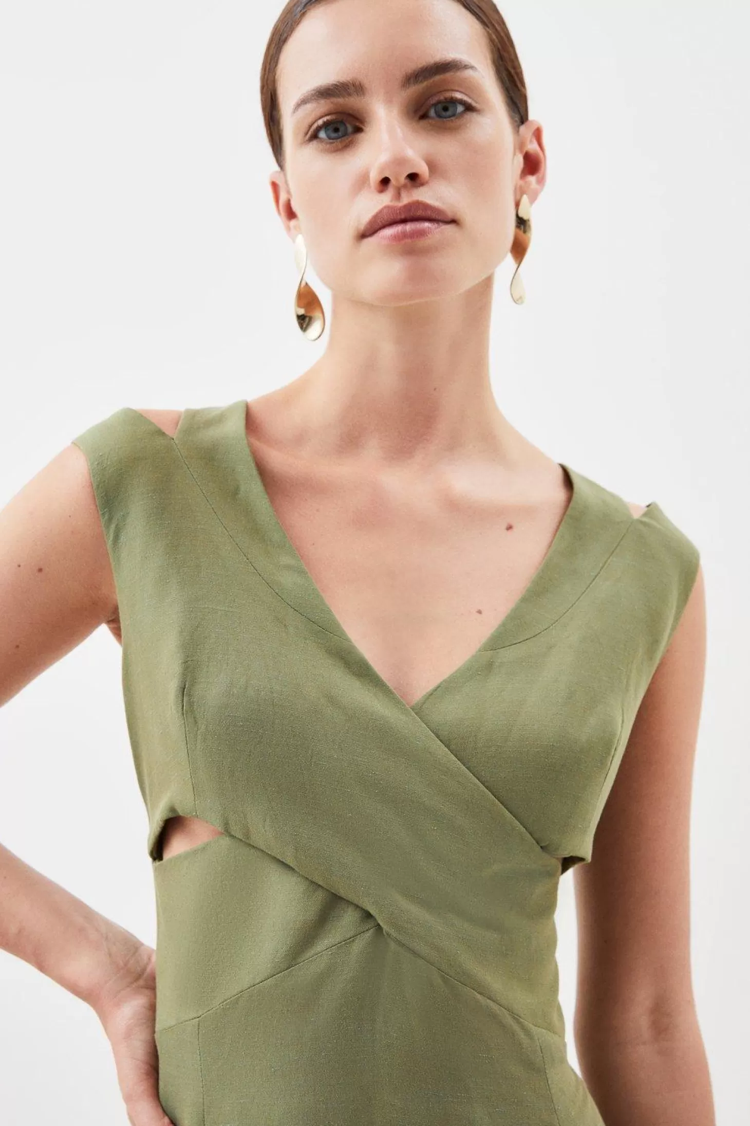 Karen Millen Premium Linen Petite Open Back V Neck Woven Midi Dress