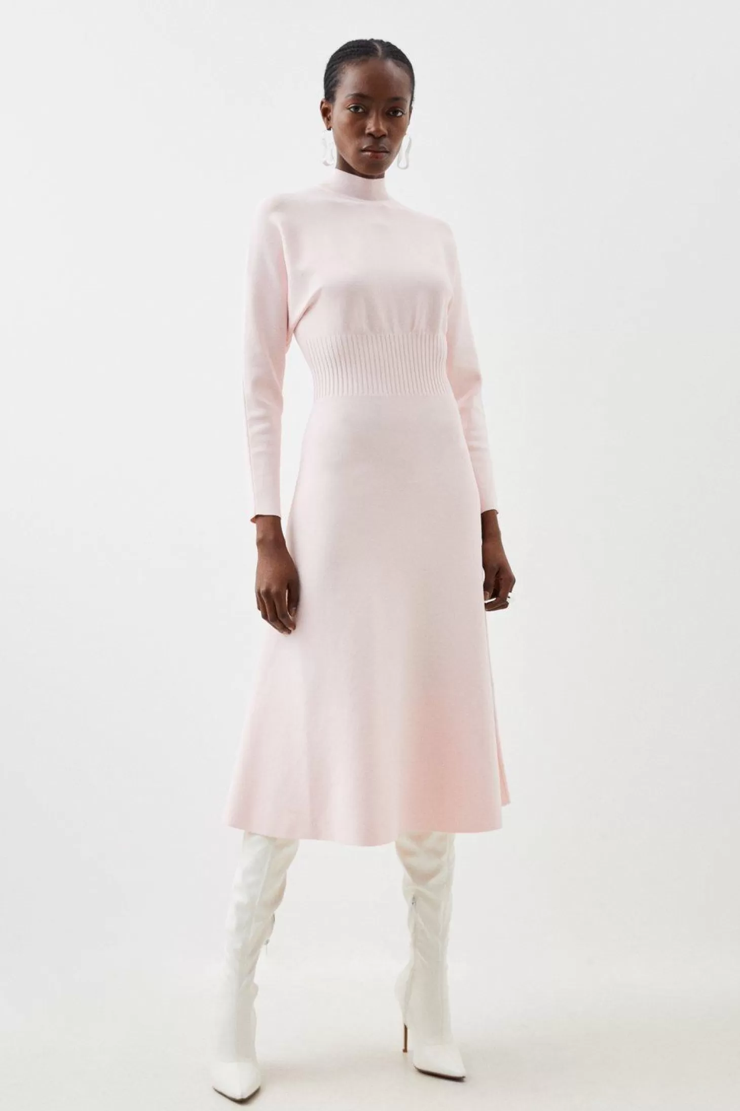 Karen Millen Premium Viscose Blend Body Contouring Cinched Waist Knit Batwing Dress