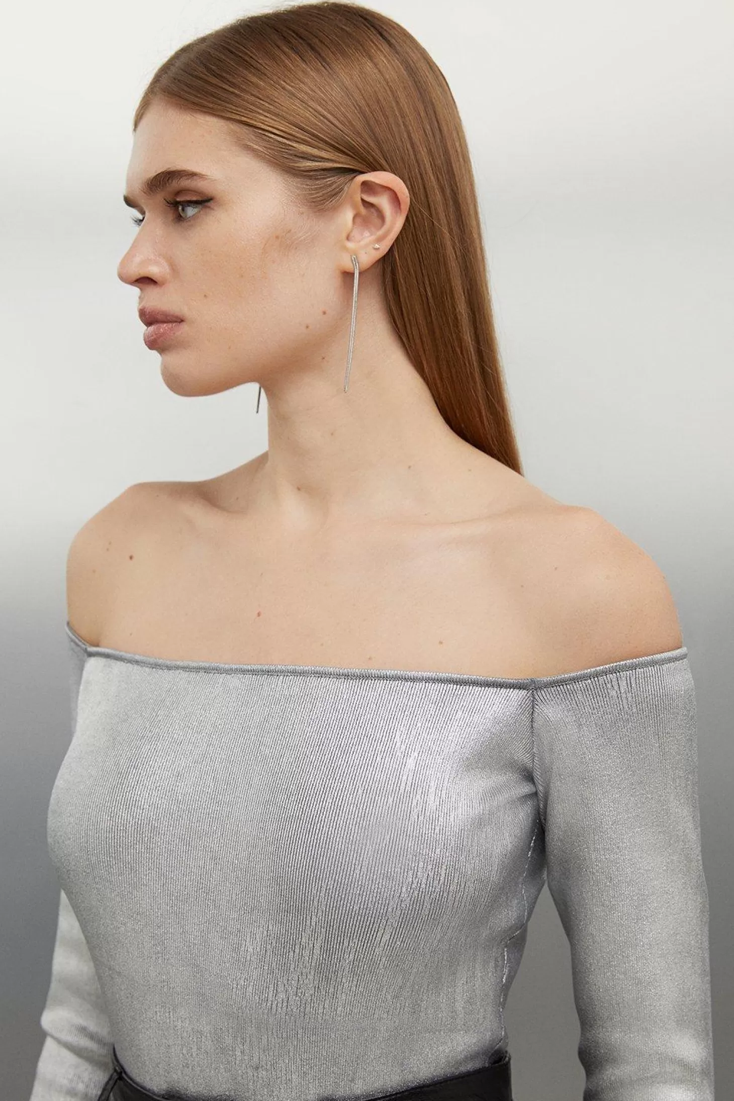 Karen Millen Premium Viscose Blend Body Contouring Foiled Knit Off The Shoulder Thong Bodysuit