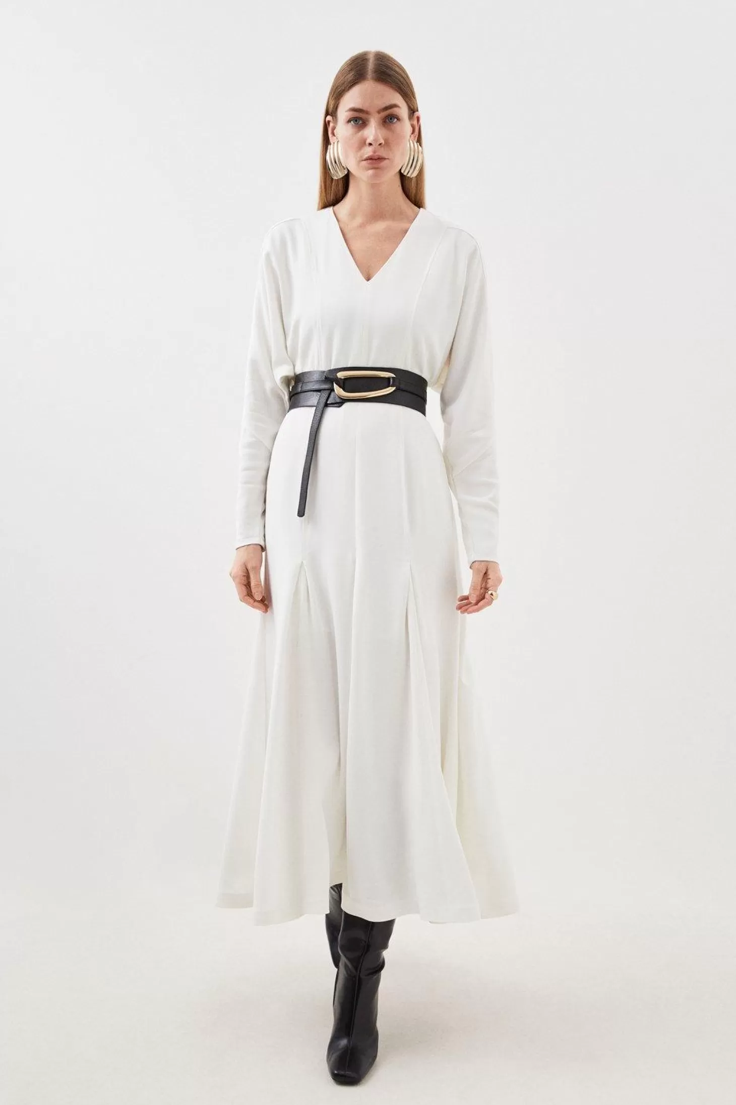 Karen Millen Premium Woven Viscose Crepe V Neck Long Sleeve Midi Dress