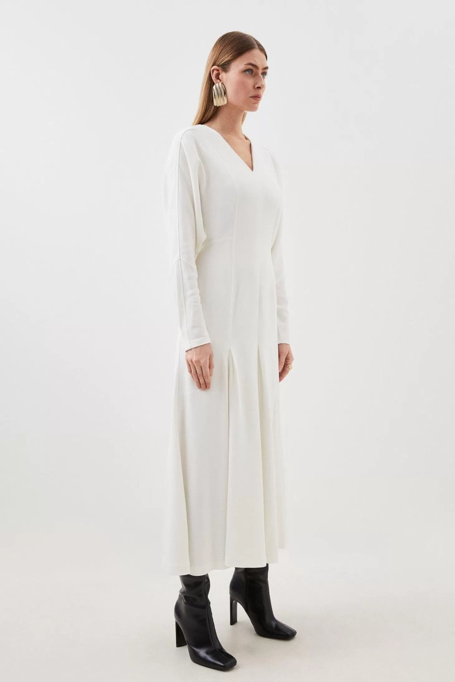 Karen Millen Premium Woven Viscose Crepe V Neck Long Sleeve Midi Dress