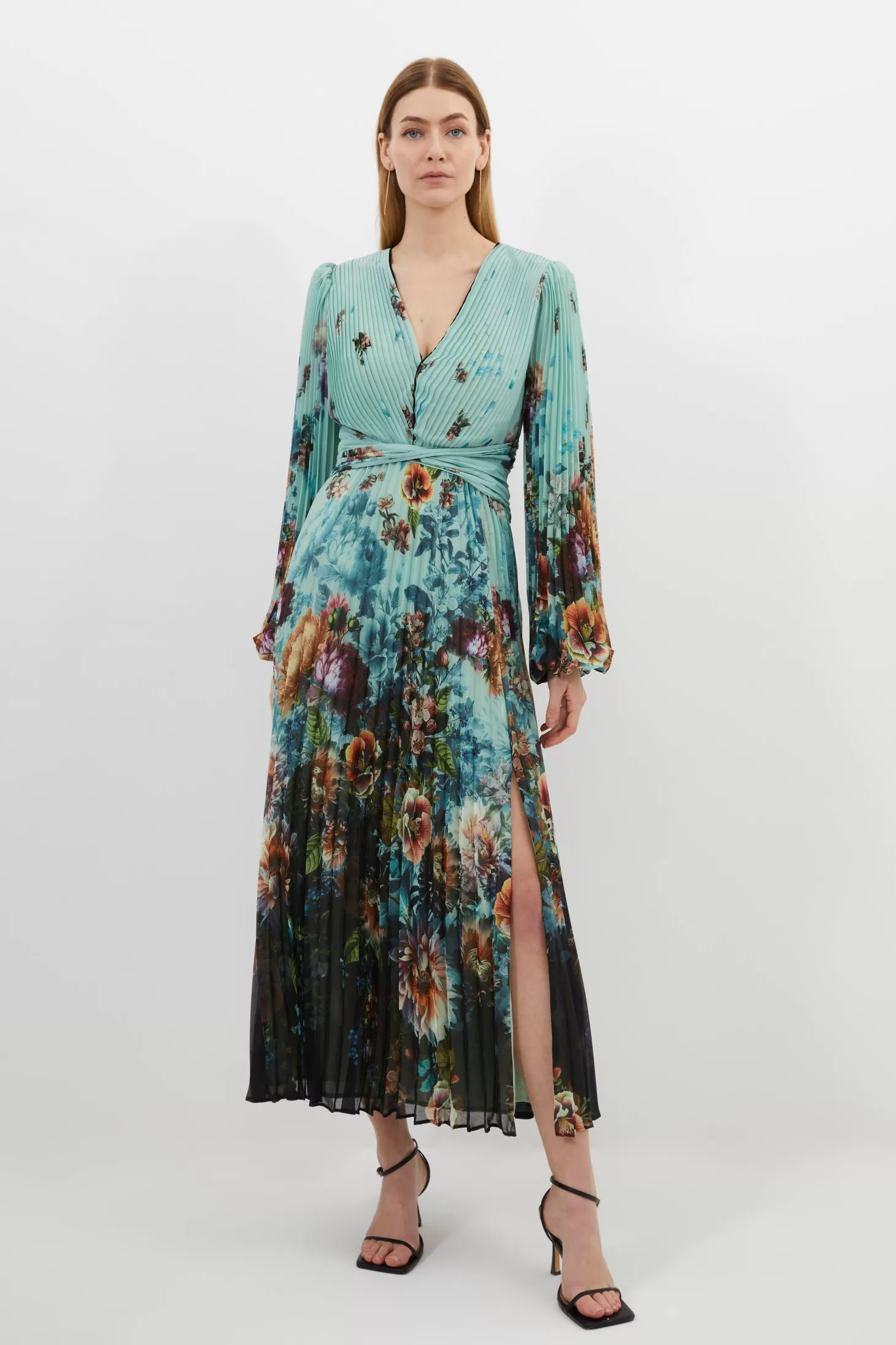 Karen Millen Printed Pleated Yoryu Crinkle Cut Out Woven Maxi Dress