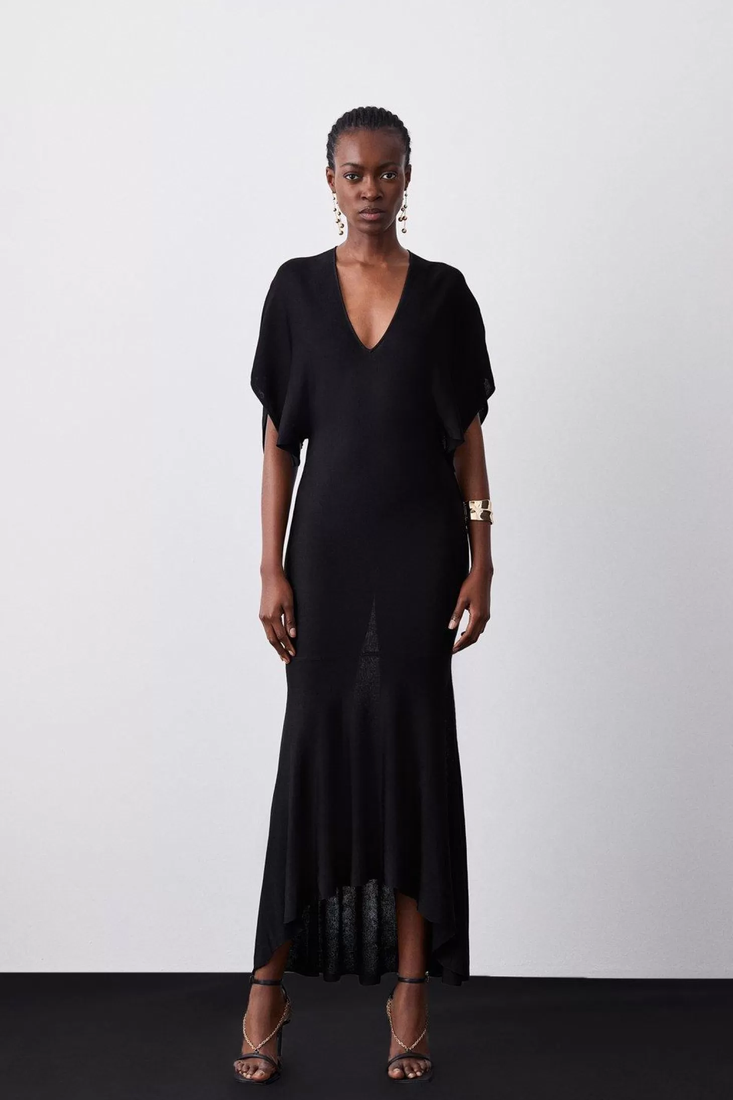 Karen Millen Slinky Knit Kimono Sleeve V Neck High Low Midaxi Dress