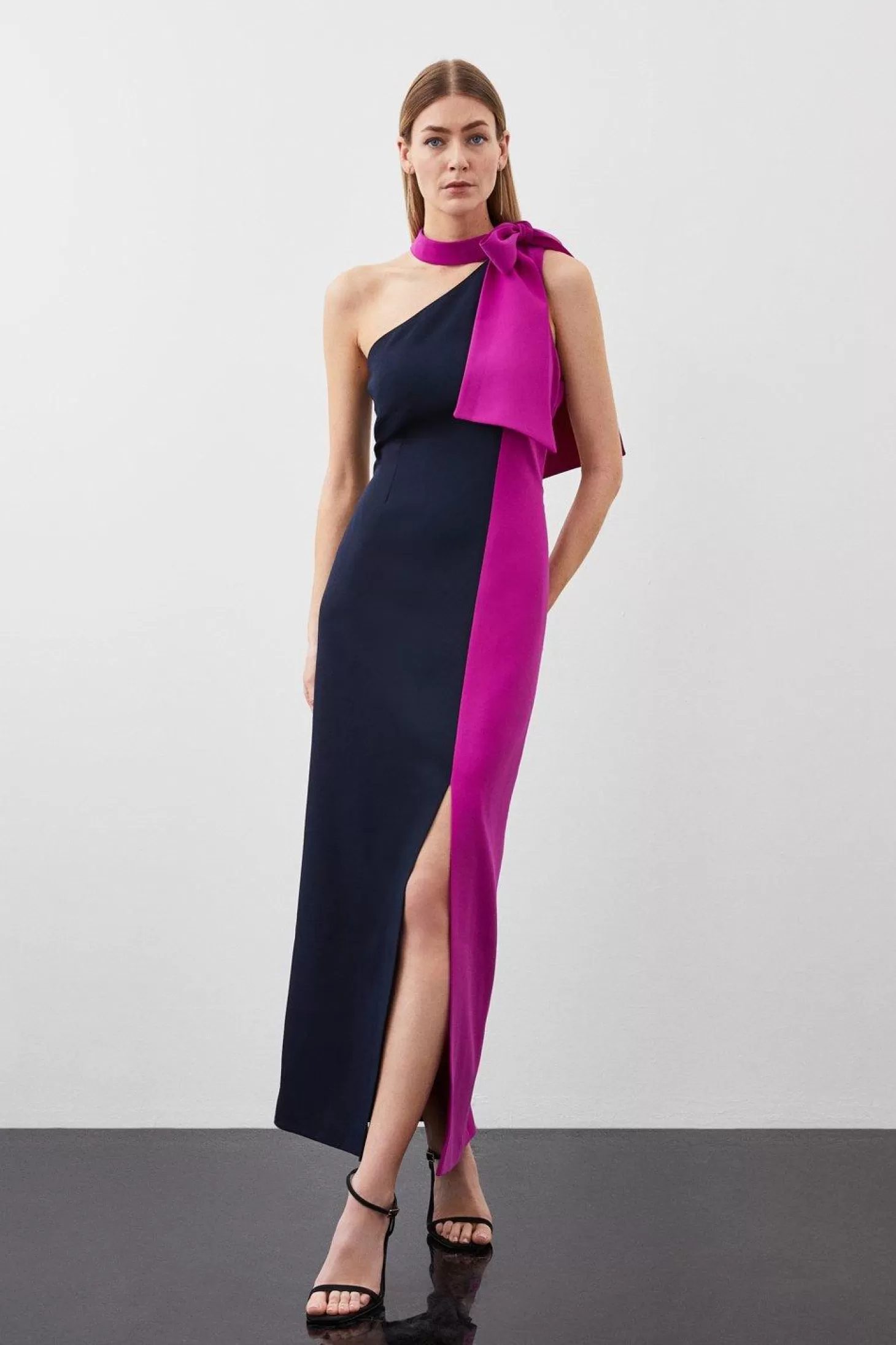 Karen Millen Soft Tailored Color Block Tie Neck Midi Dress