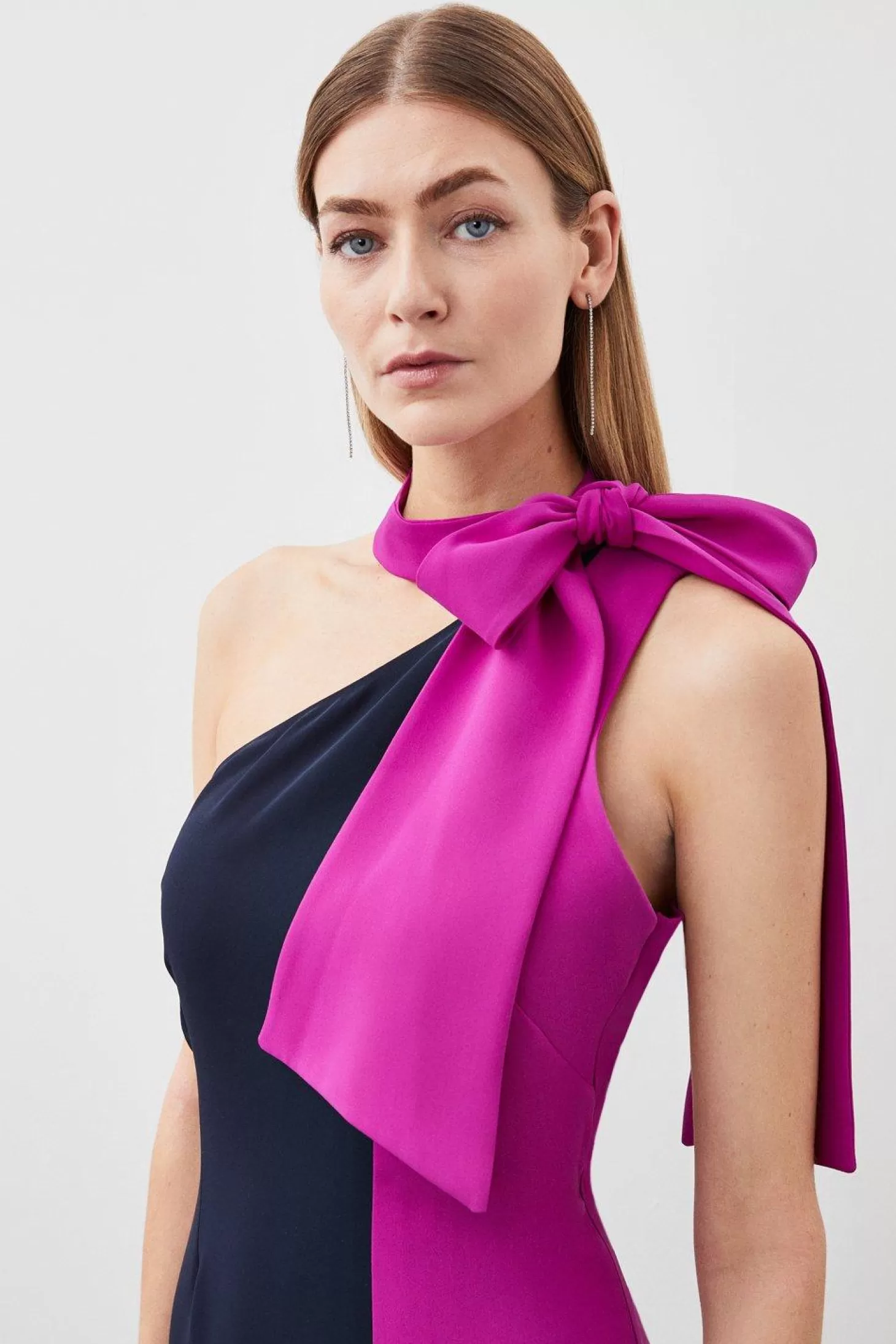 Karen Millen Soft Tailored Color Block Tie Neck Midi Dress
