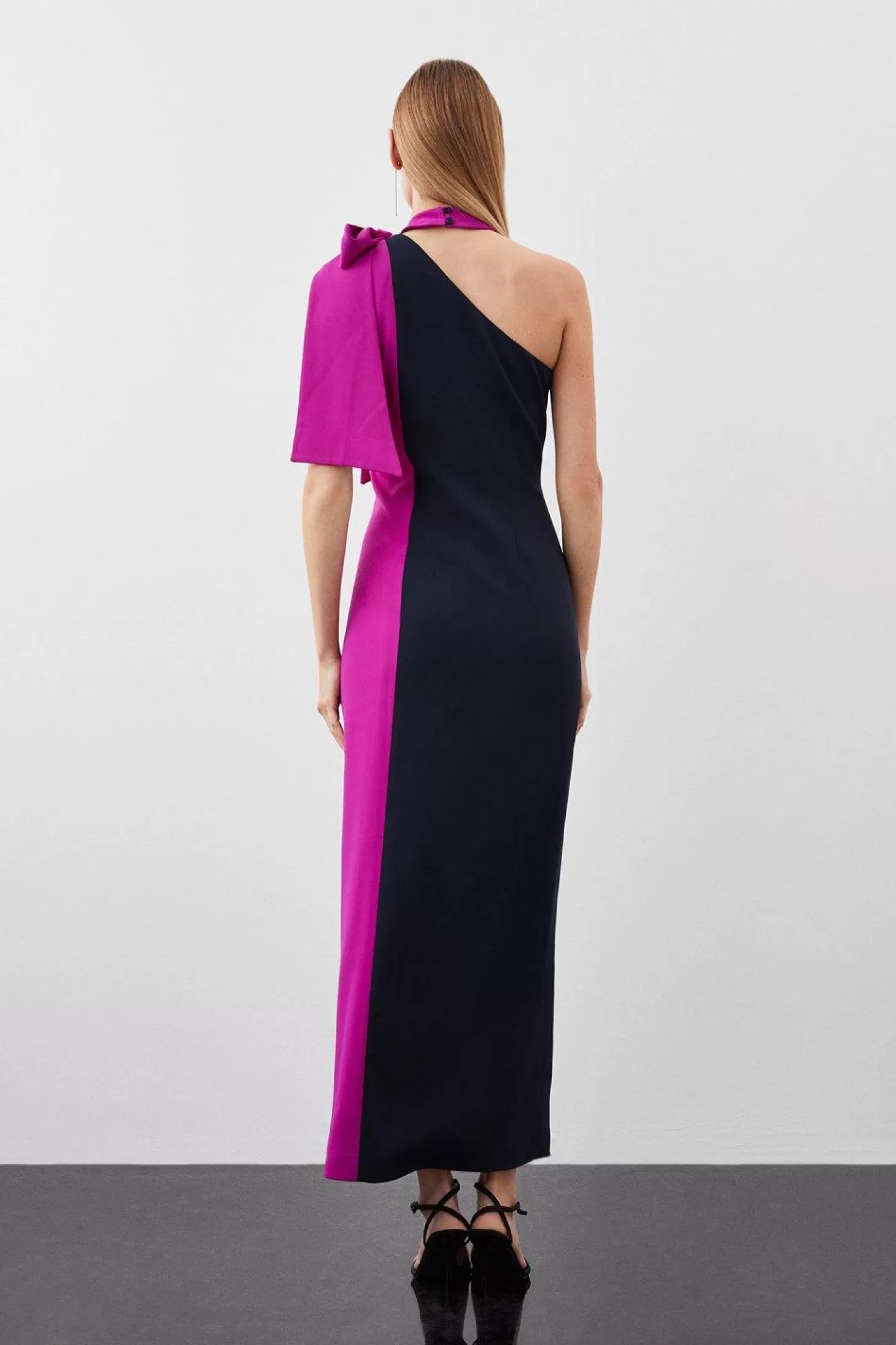 Karen Millen Soft Tailored Color Block Tie Neck Midi Dress