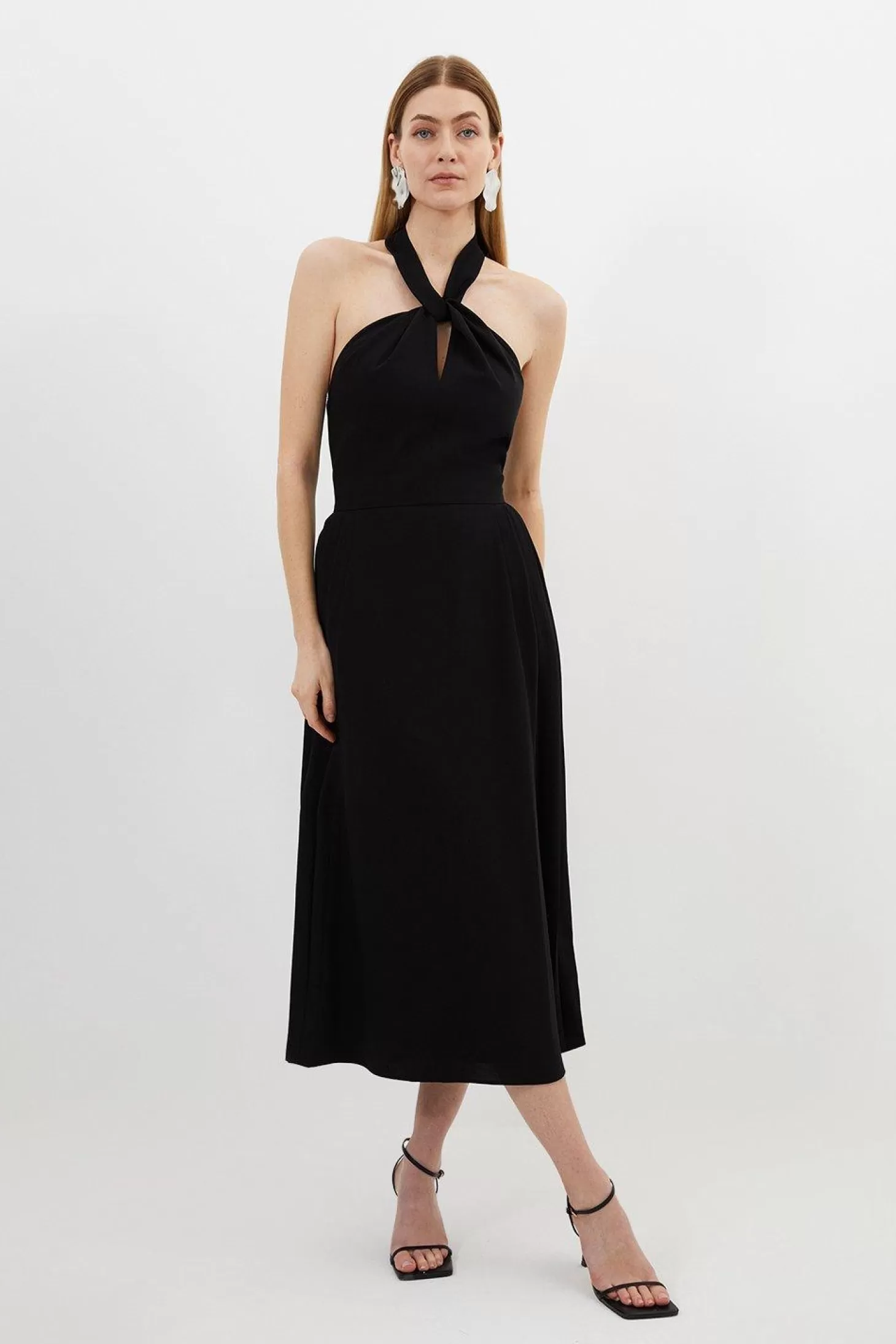 Karen Millen Soft Tailored Halter Tie Neck Pleat Detail Midi Dress