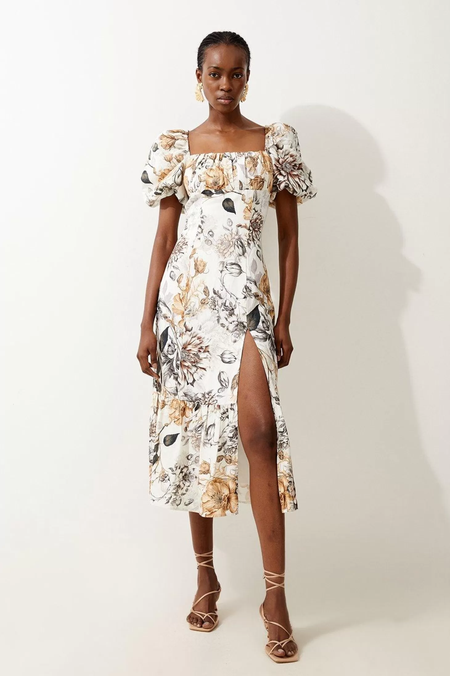 Karen Millen Spring Viscose Linen Woven Puff Sleeve Midi Dress
